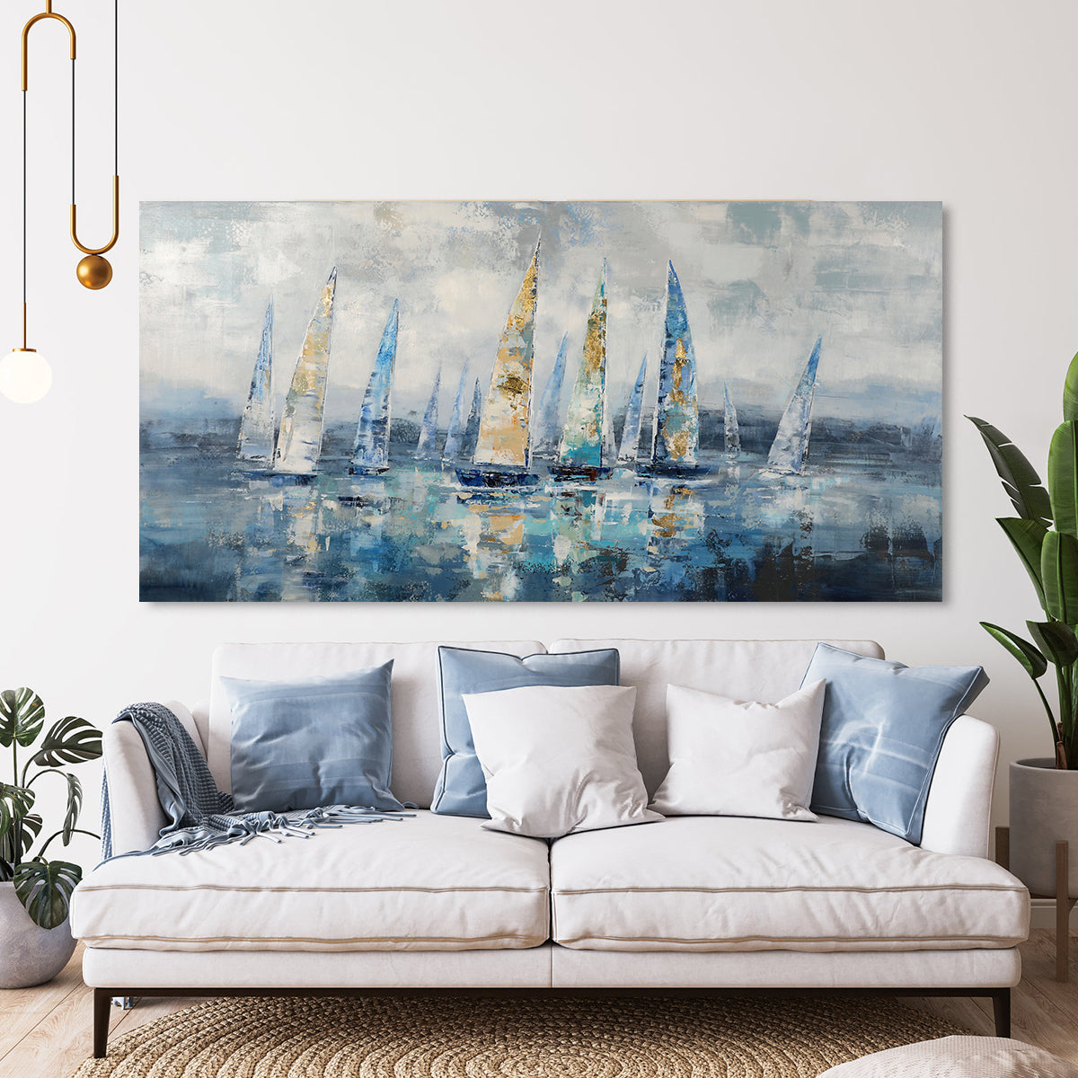 Tranquil Sailing Scene: Beautiful Oil Painting of Colorful Yachts on Calm Waters