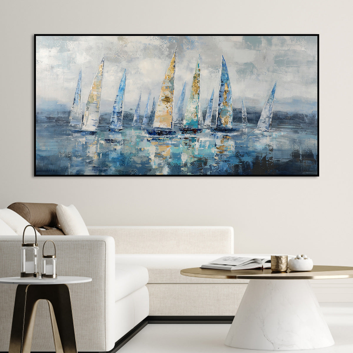 Tranquil Sailing Scene: Beautiful Oil Painting of Colorful Yachts on Calm Waters