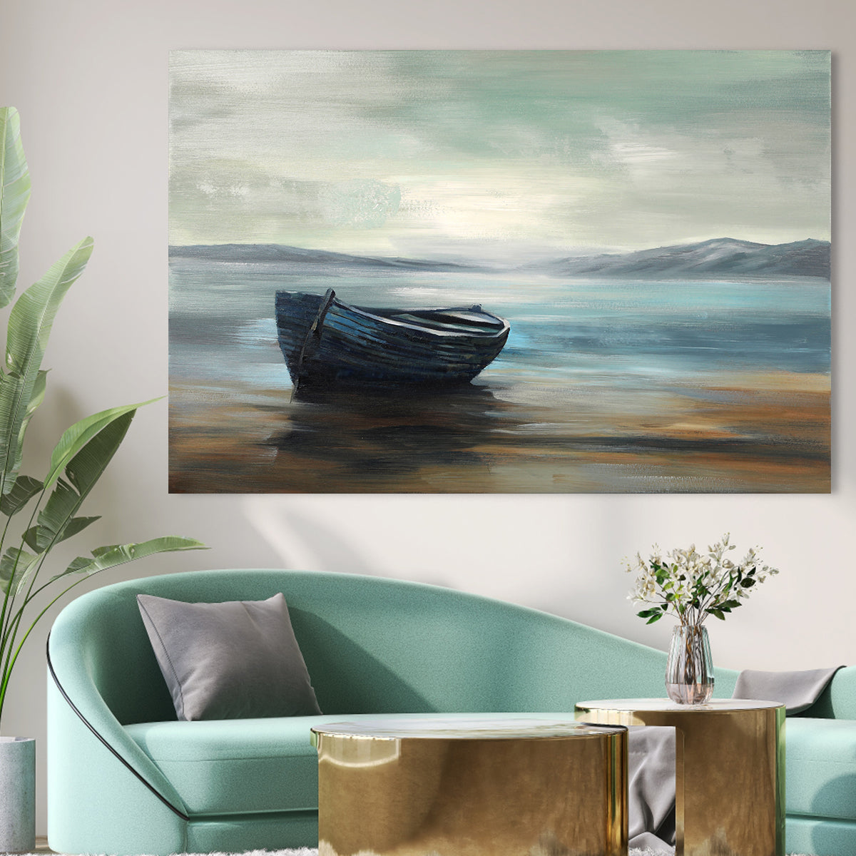 Serene Coastal Escape: Tranquil Blue Boat Oil Painting for Modern Decor