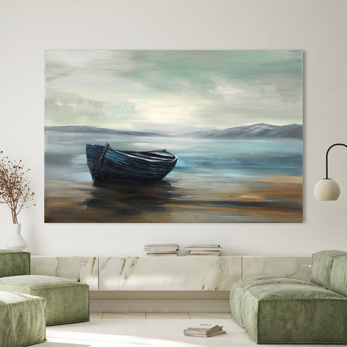 Serene Coastal Escape: Tranquil Blue Boat Oil Painting for Modern Decor