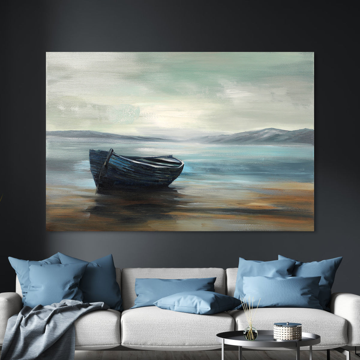 Serene Coastal Escape: Tranquil Blue Boat Oil Painting for Modern Decor