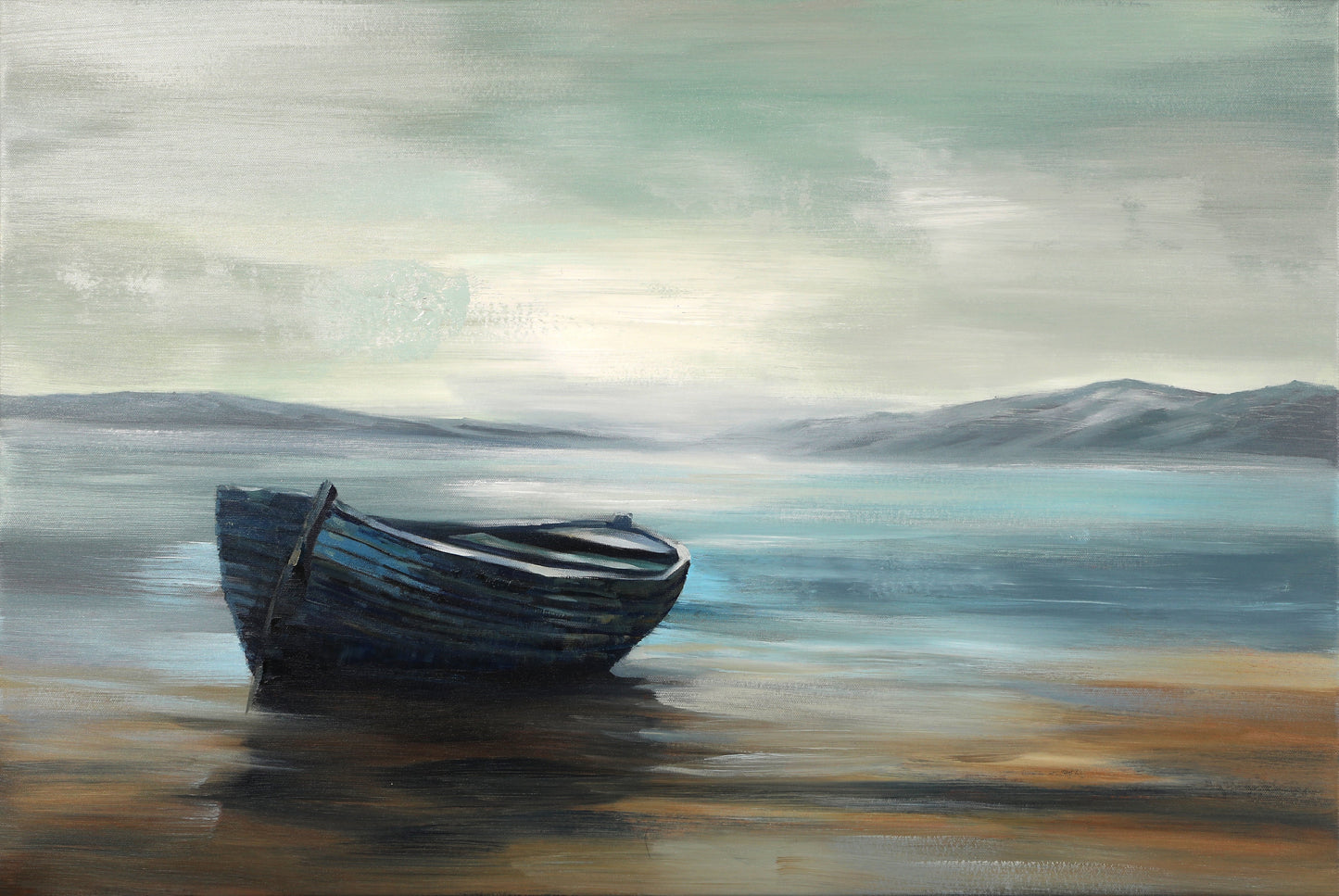 Serene Coastal Escape: Tranquil Blue Boat Oil Painting for Modern Decor