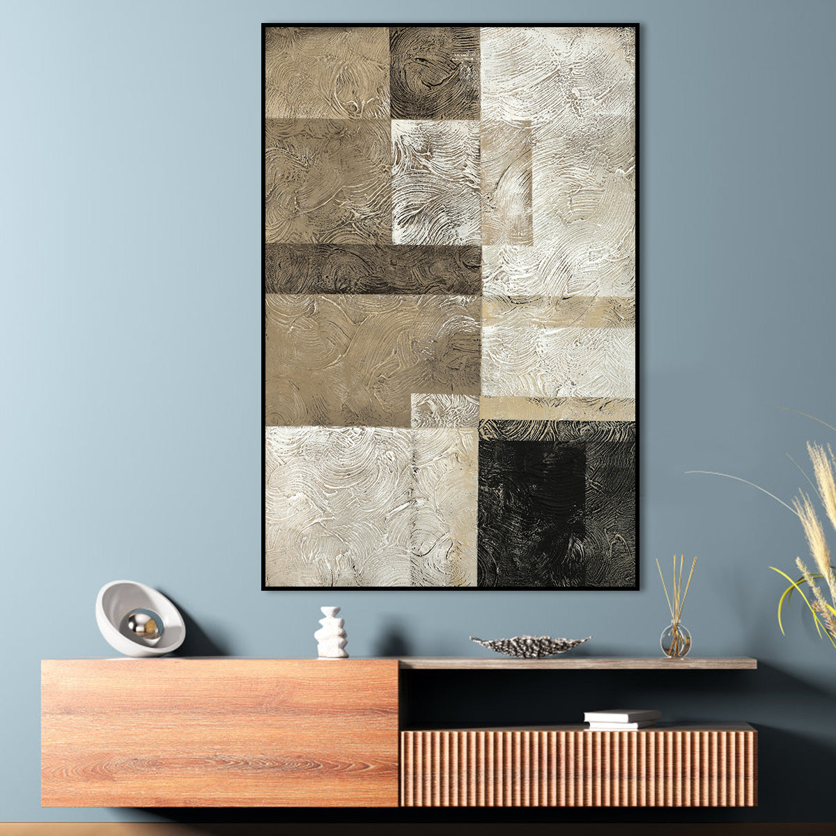 Modern Abstract Oil Painting in Earthy Tones with Textured Geometric Design