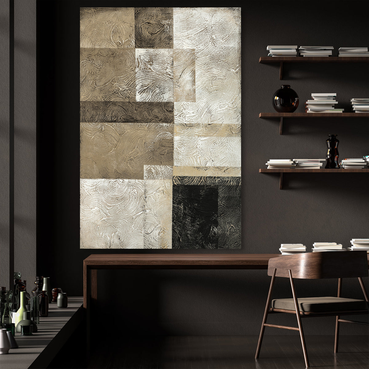 Modern Abstract Oil Painting in Earthy Tones with Textured Geometric Design