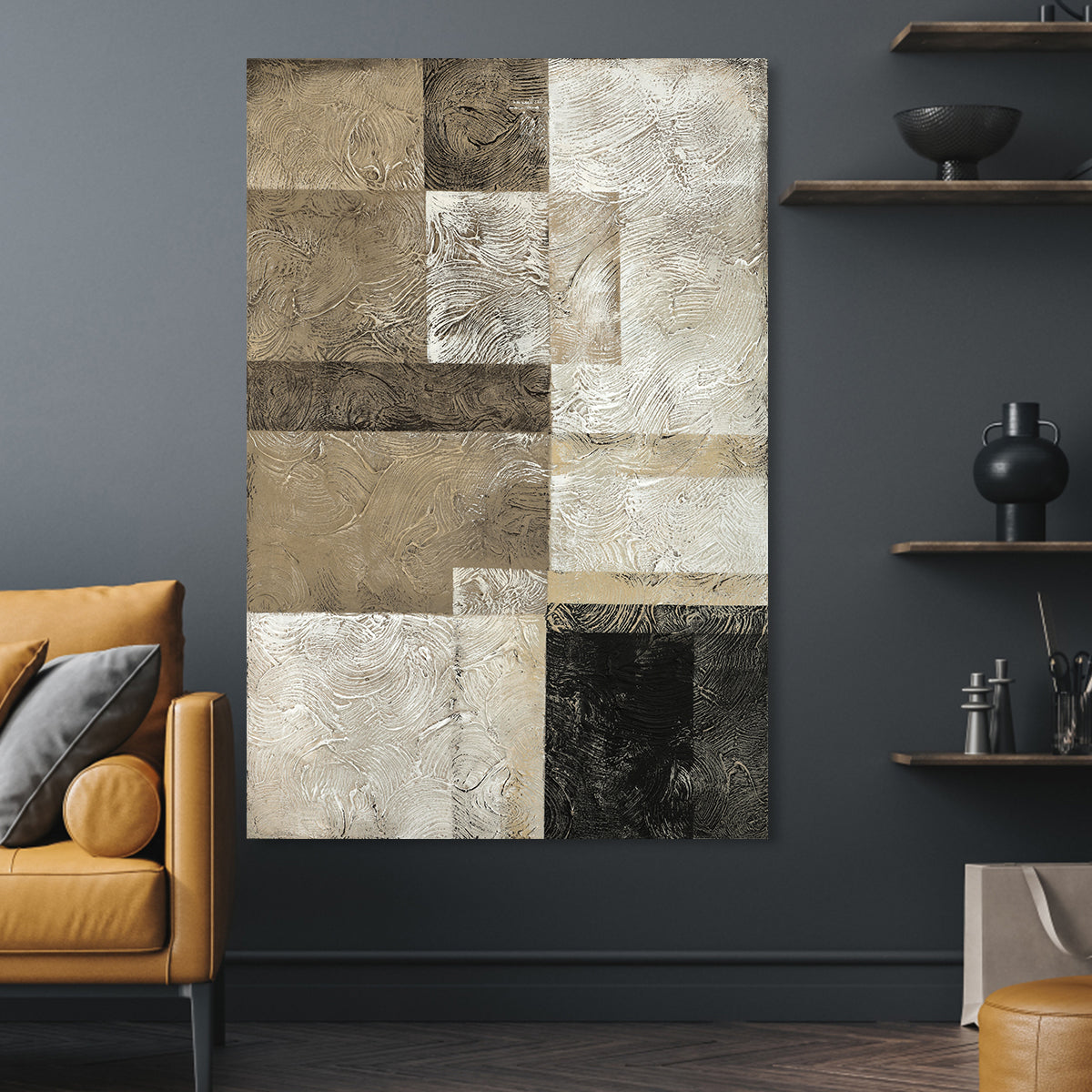 Modern Abstract Oil Painting in Earthy Tones with Textured Geometric Design