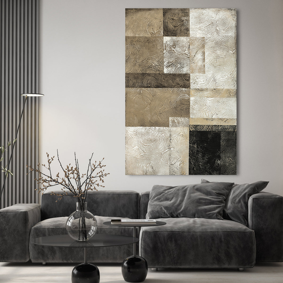 Modern Abstract Oil Painting in Earthy Tones with Textured Geometric Design