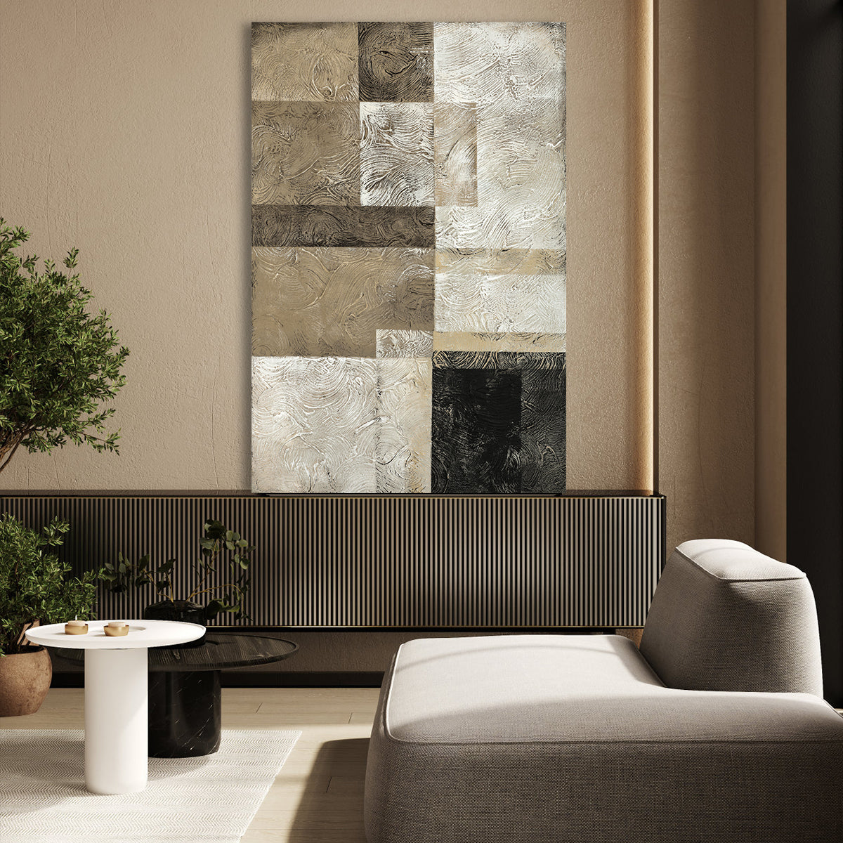 Modern Abstract Oil Painting in Earthy Tones with Textured Geometric Design