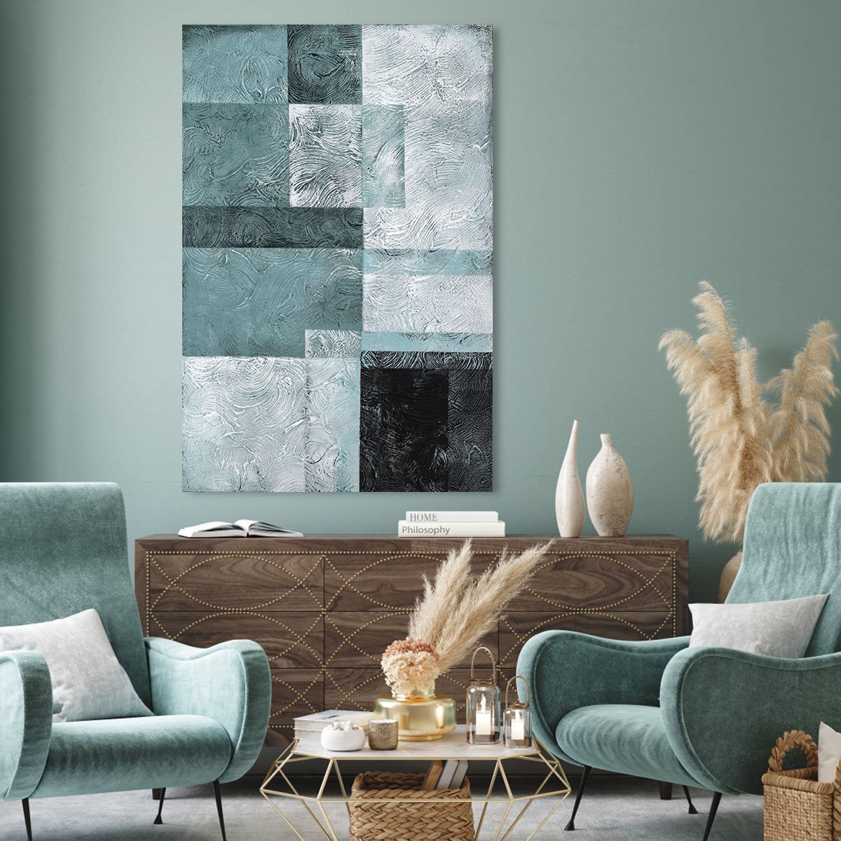 Abstract Blue and Black Textured Oil Painting for Modern Home Decor