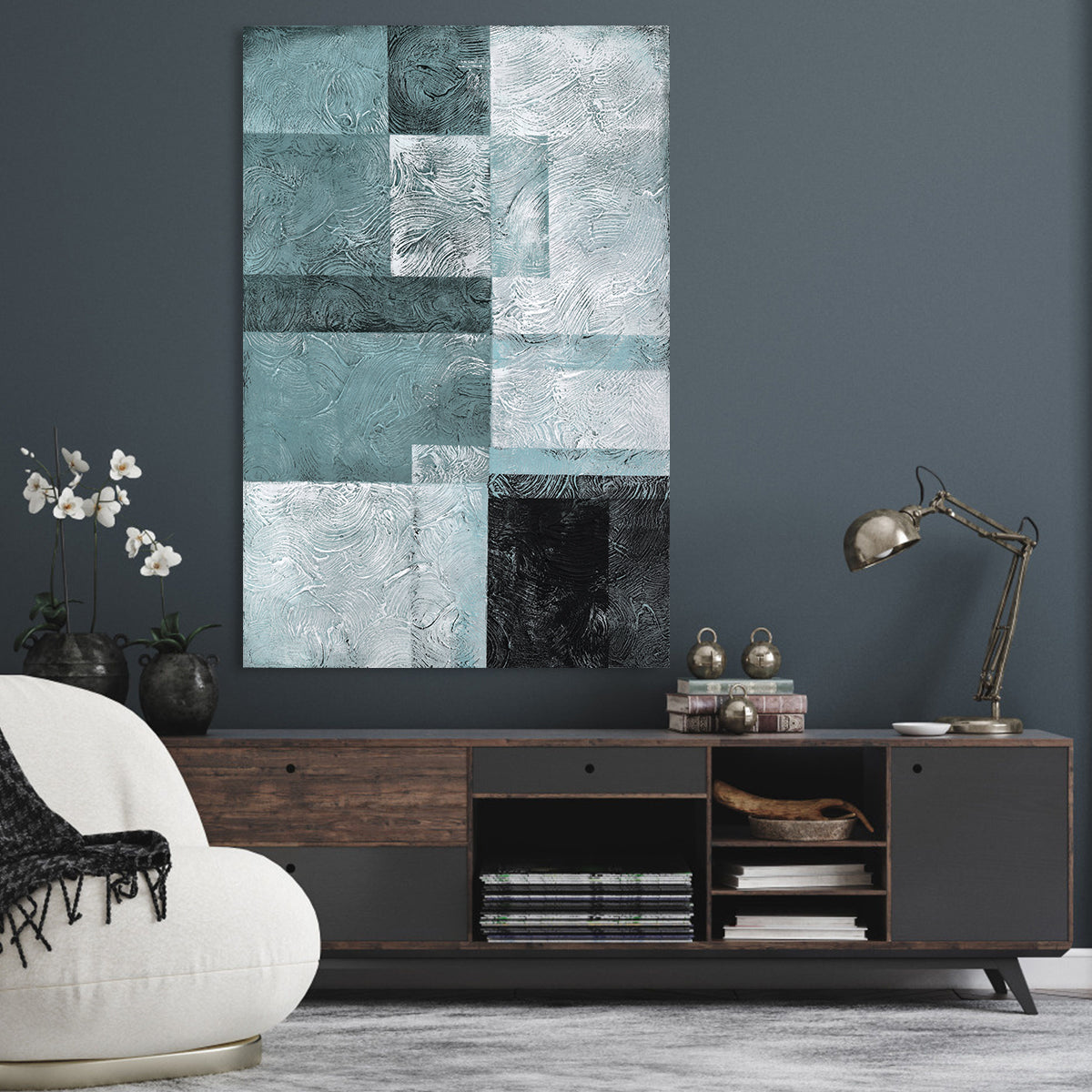 Abstract Blue and Black Textured Oil Painting for Modern Home Decor