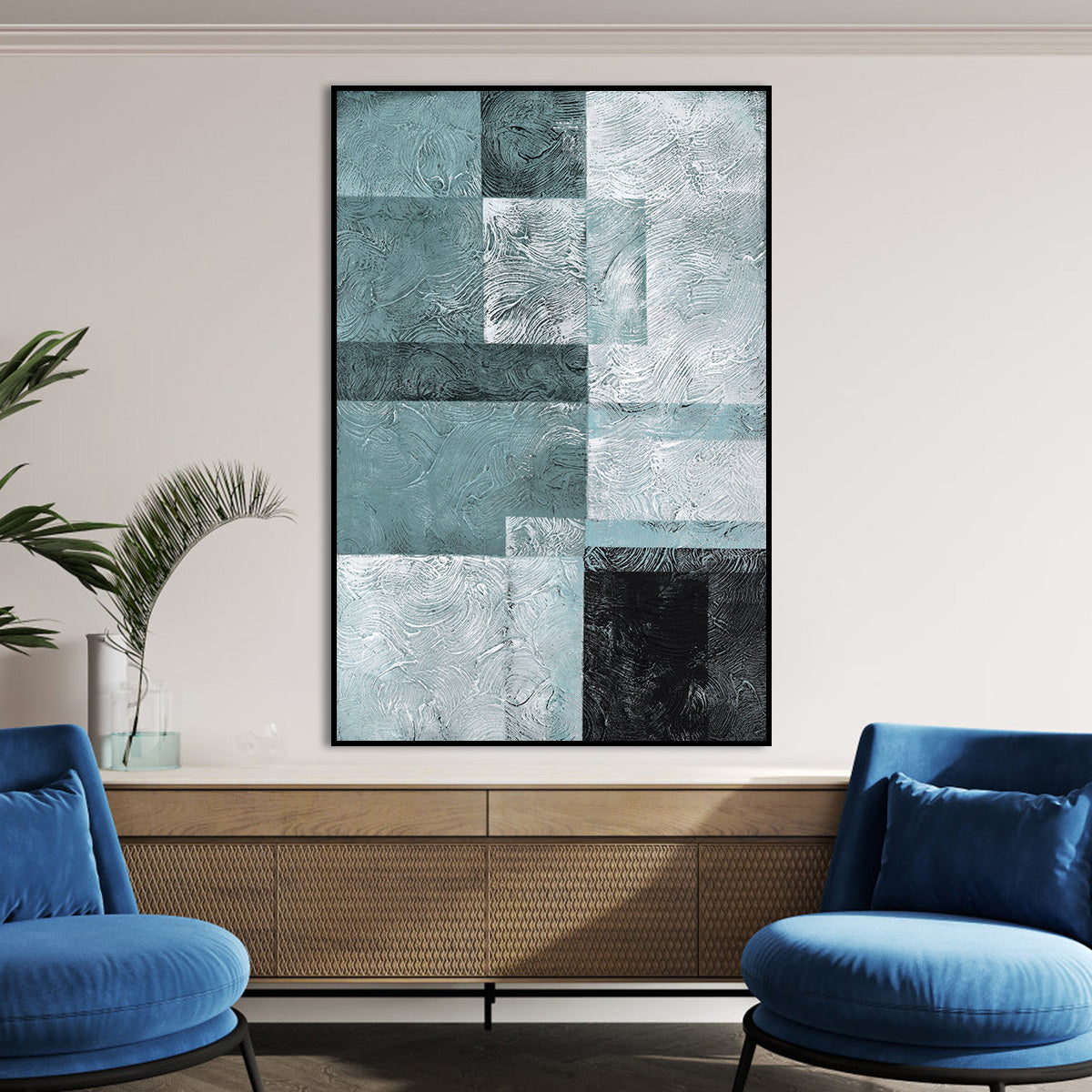 Abstract Blue and Black Textured Oil Painting for Modern Home Decor