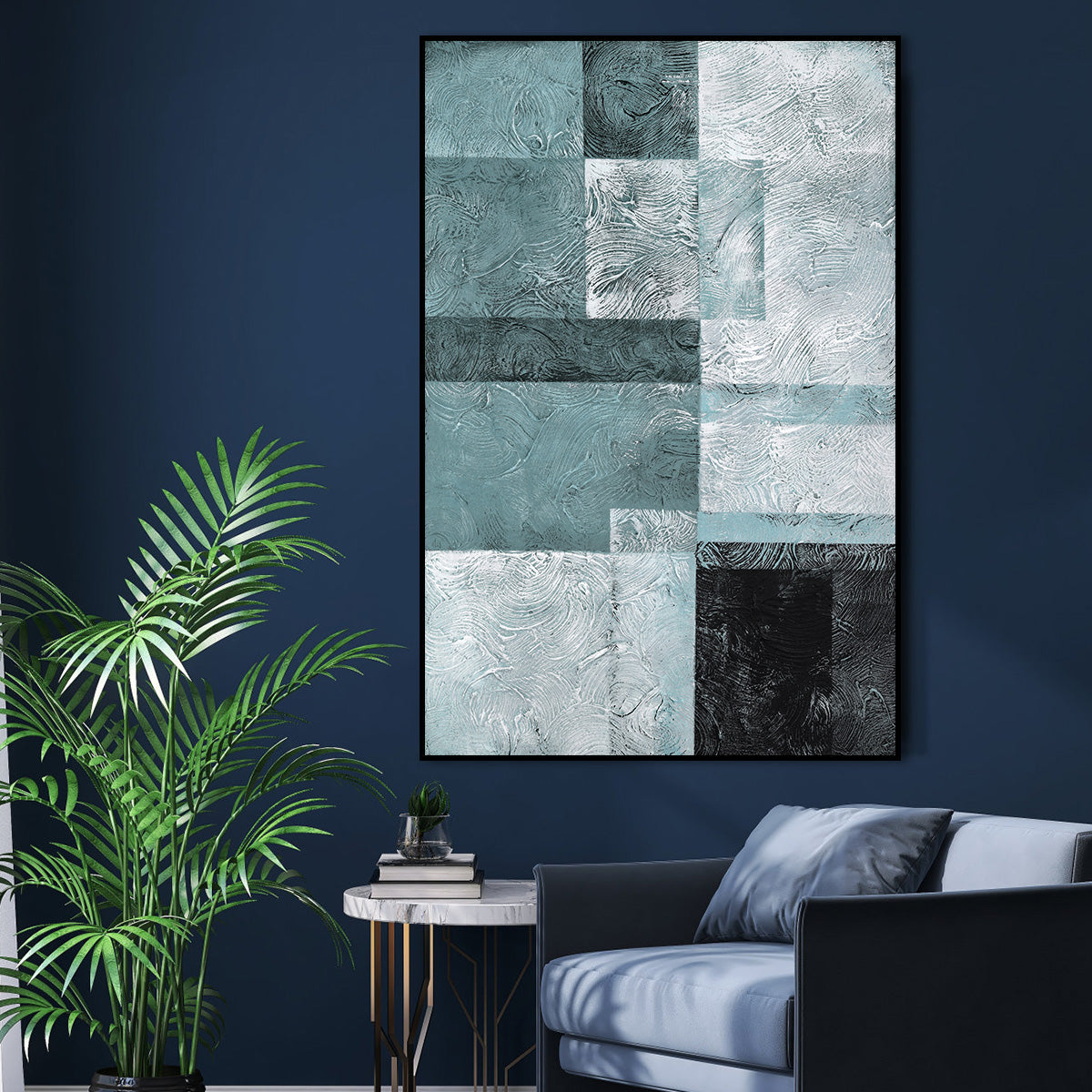 Abstract Blue and Black Textured Oil Painting for Modern Home Decor