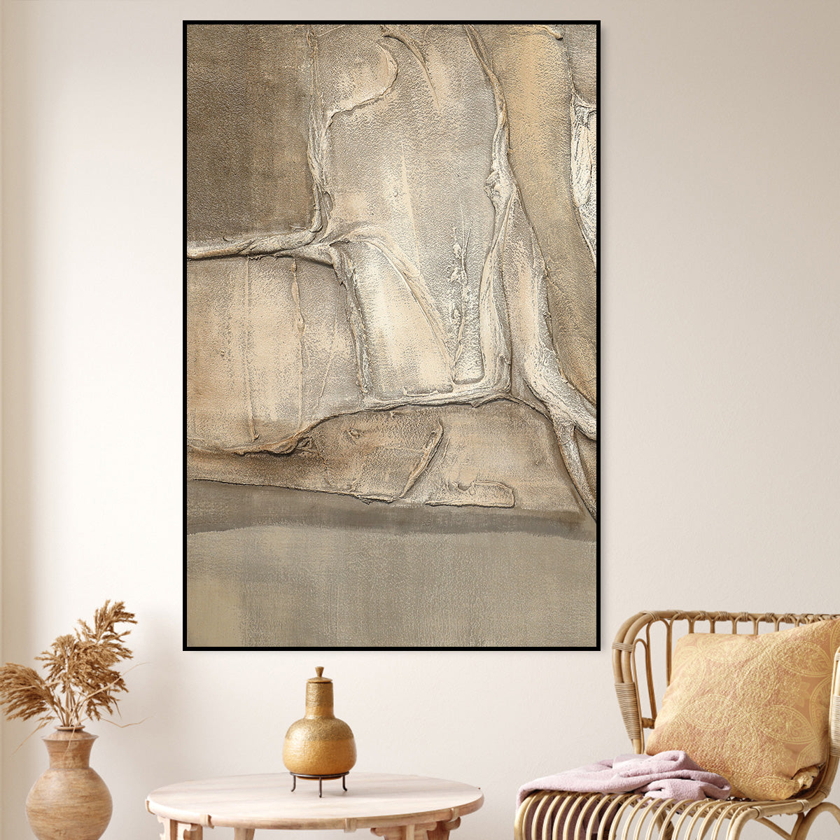 Beige Abstract Oil Painting for Modern Home Decor – Textured Wall Art Piece