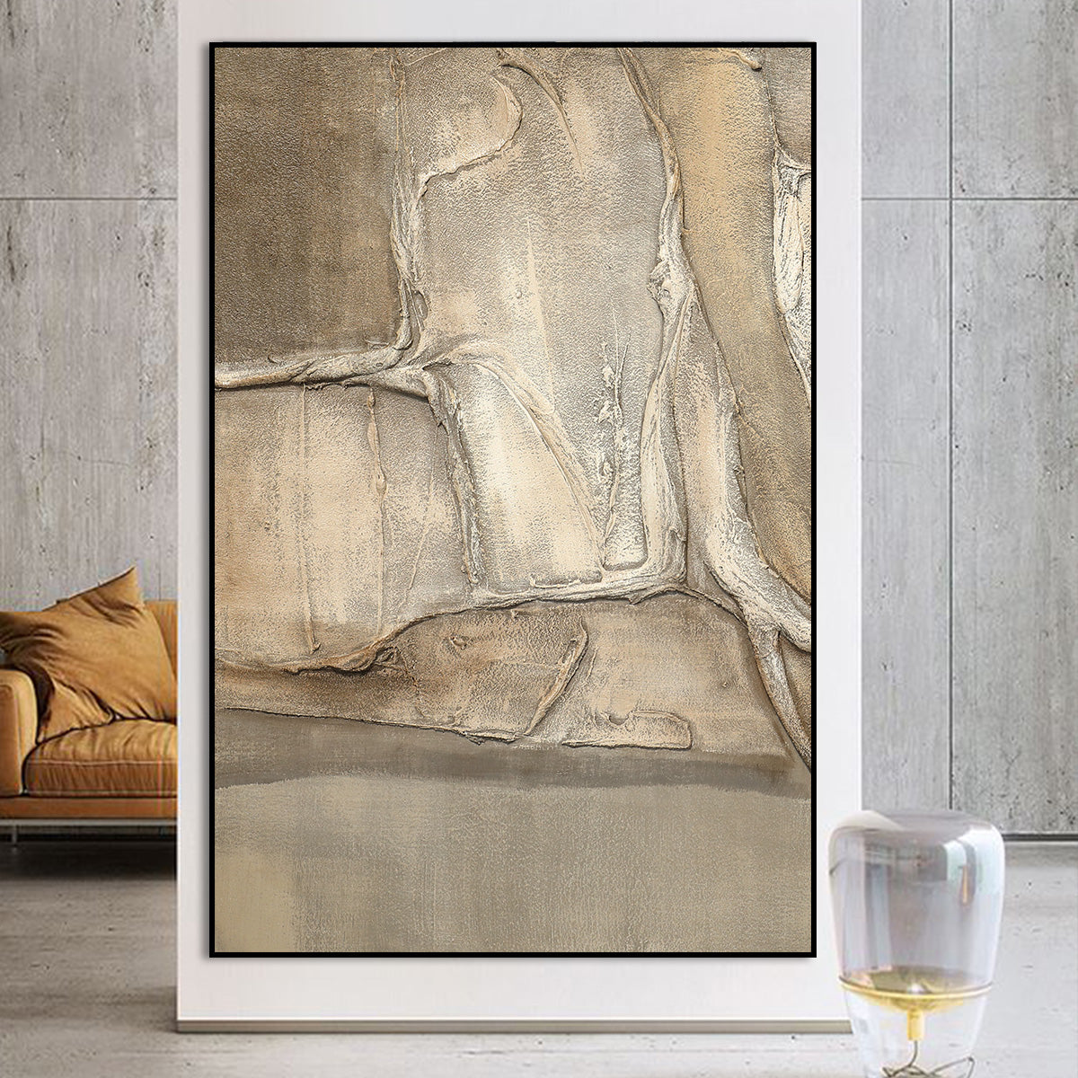Beige Abstract Oil Painting for Modern Home Decor – Textured Wall Art Piece