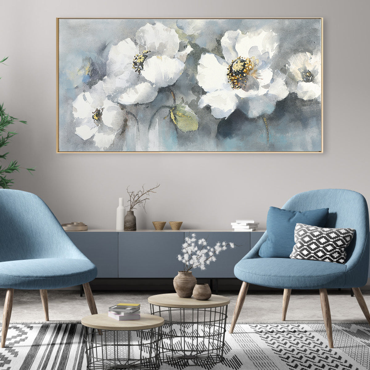 Elegant White Floral Oil Painting for Serene Home Decor