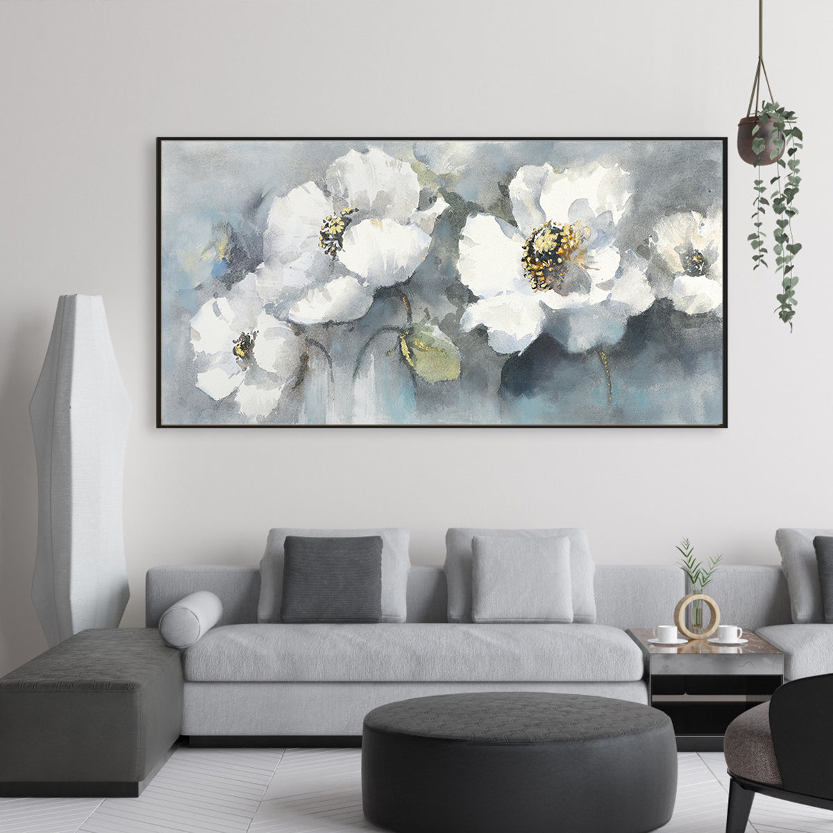 Elegant White Floral Oil Painting for Serene Home Decor