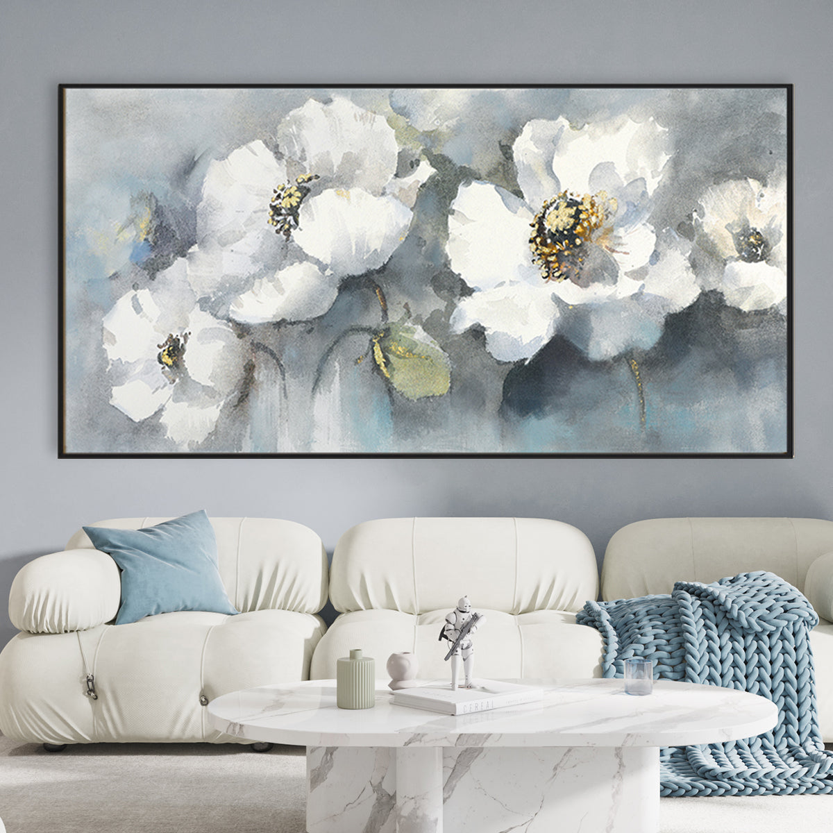 Elegant White Floral Oil Painting for Serene Home Decor