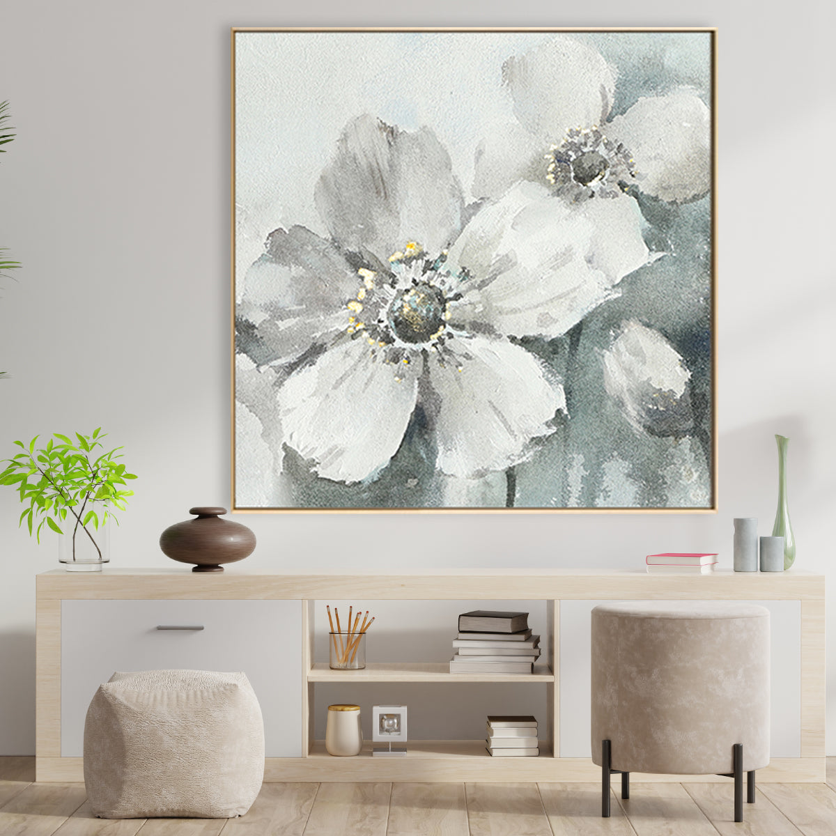 Serene Floral Elegance - Beautiful Oil Painting of White Blooms