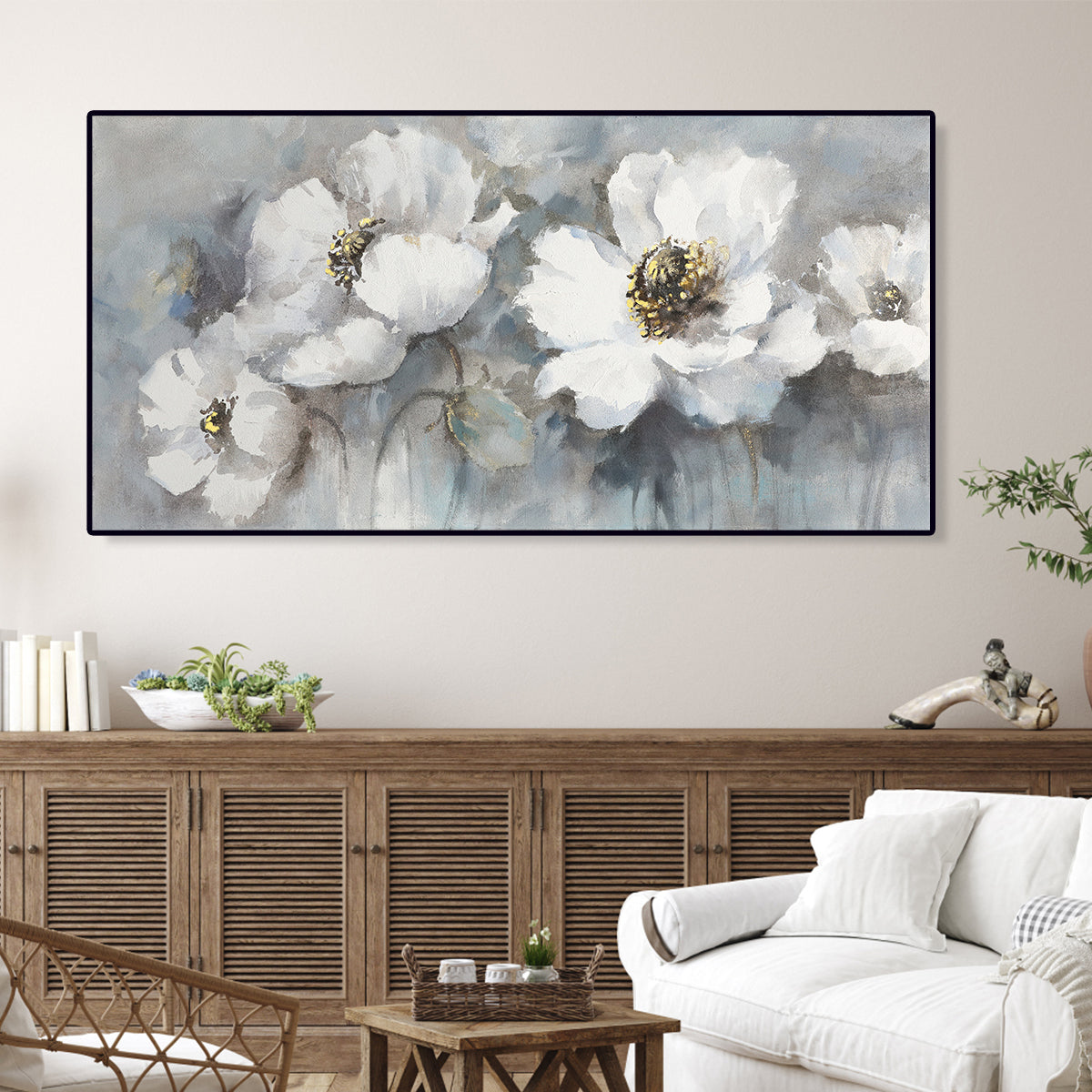 Blossoming White Flowers Oil Painting - Serene Spring Decor for Home and Office