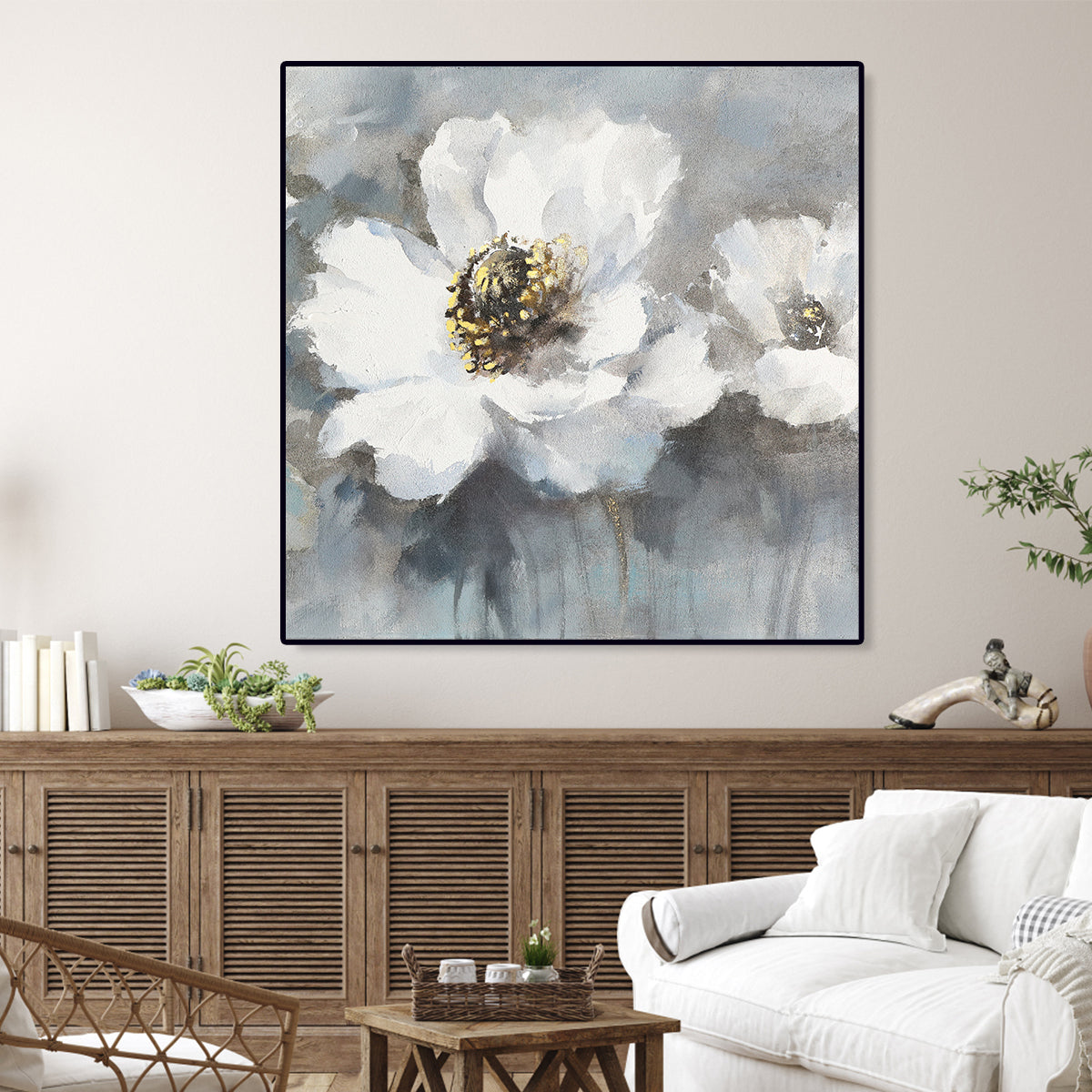 Elegant White Floral Oil Painting for Home Decor and Art Enthusiasts