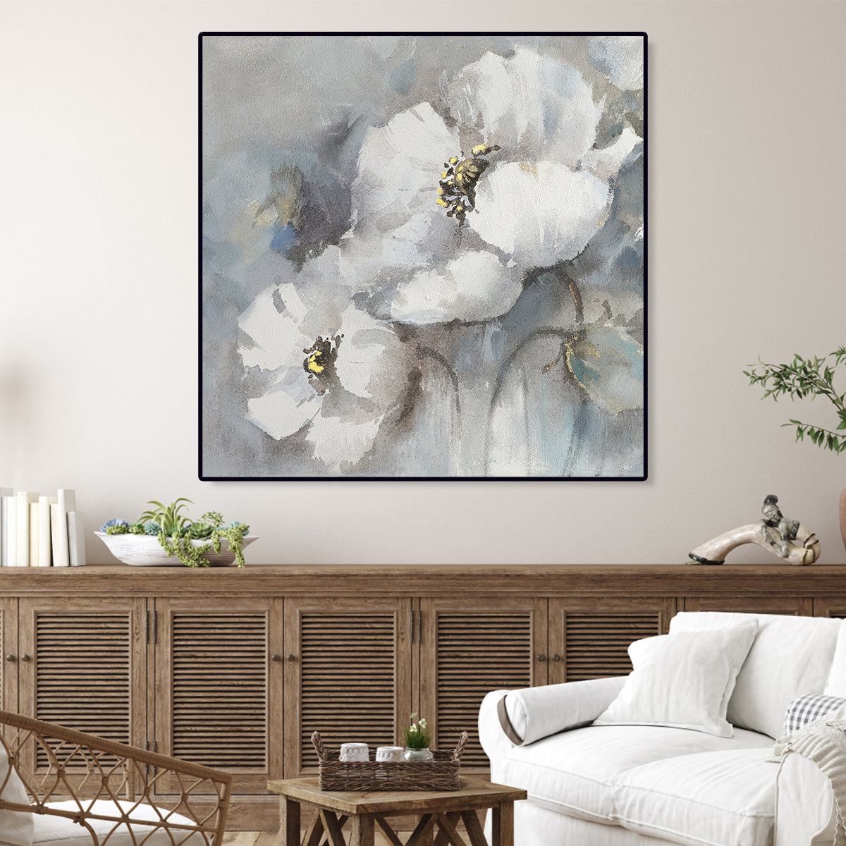 White Floral Harmony - Elegant Oil Painting for Home Decor