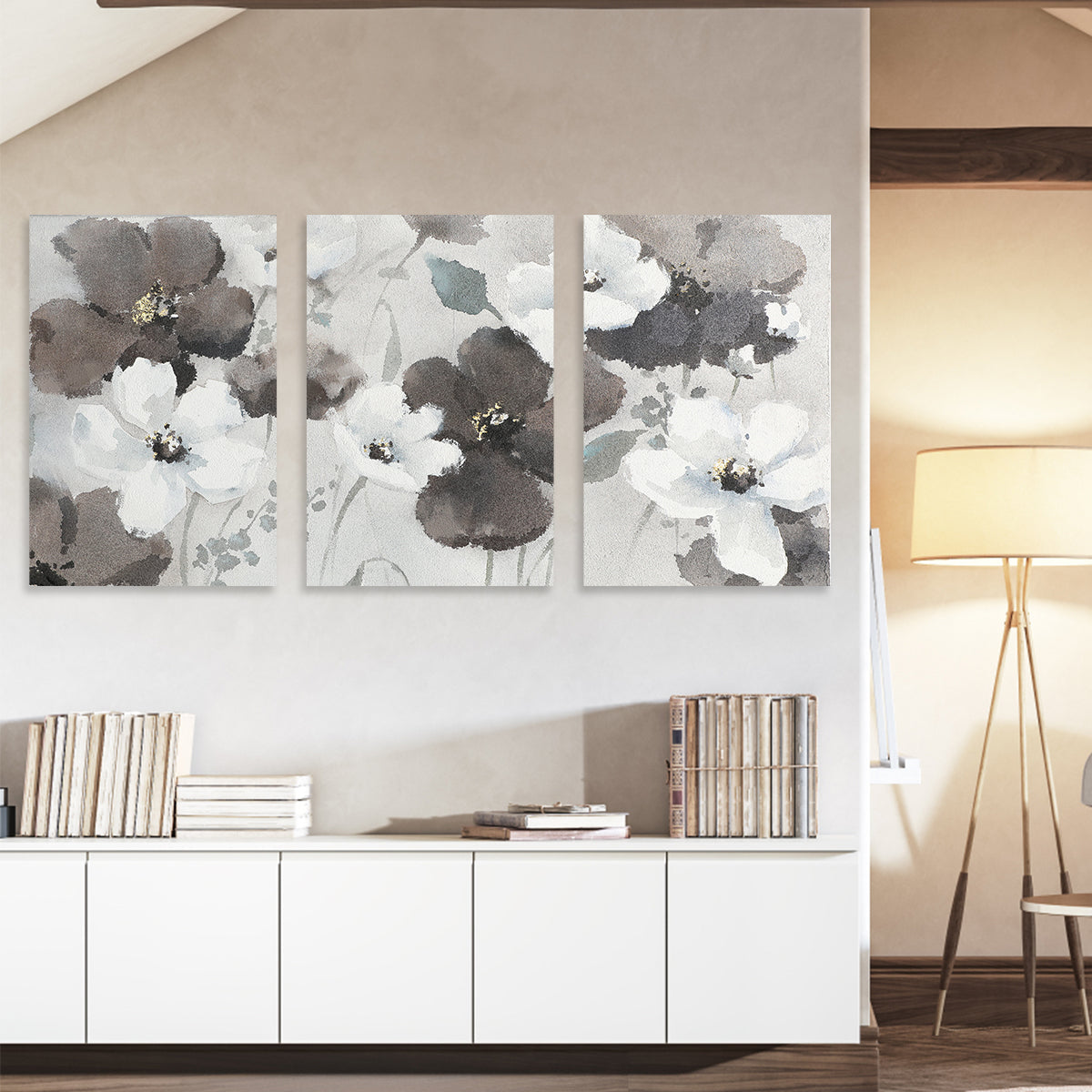 Elegant Floral Triptych Painting for Modern Home Décor