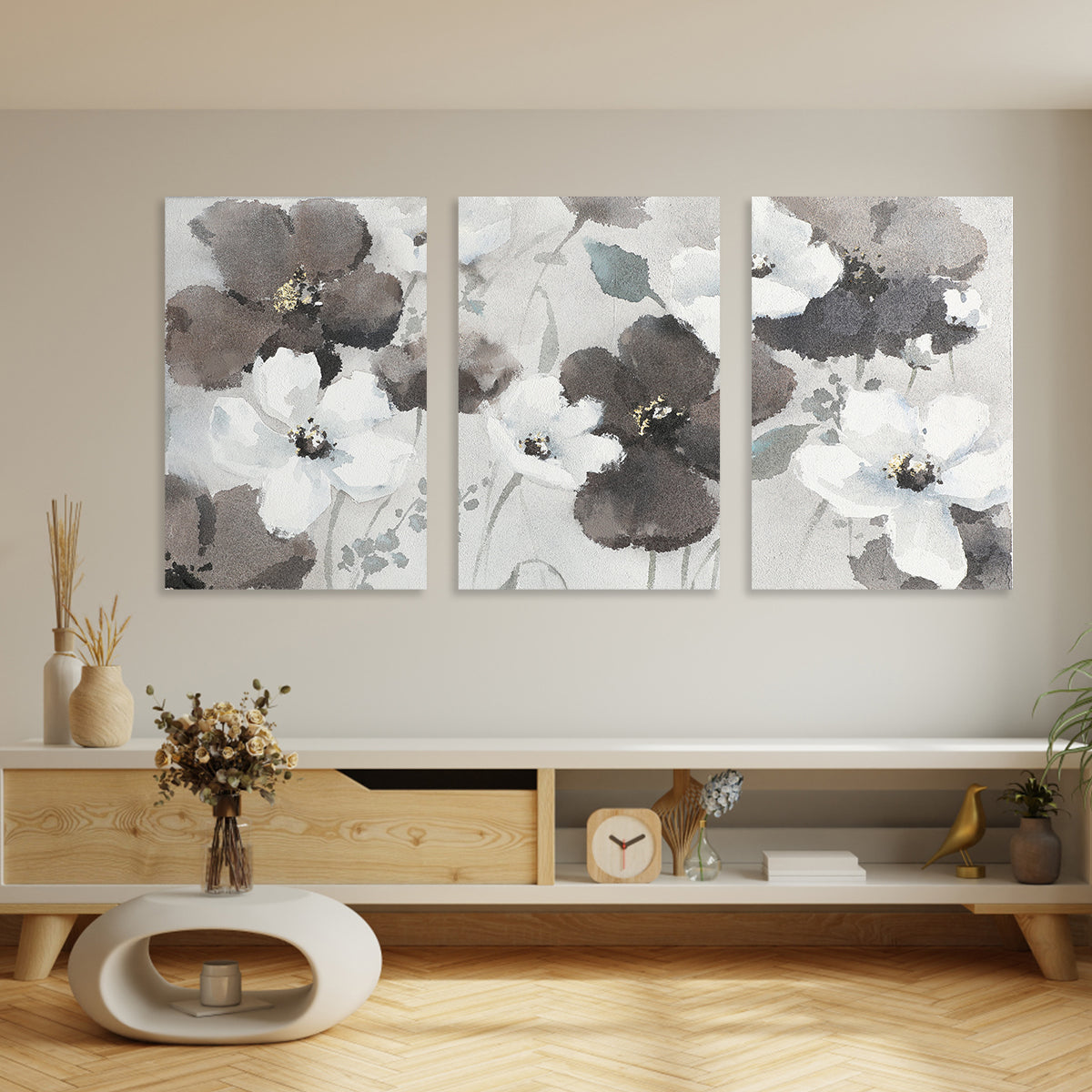 Elegant Floral Triptych Painting for Modern Home Décor