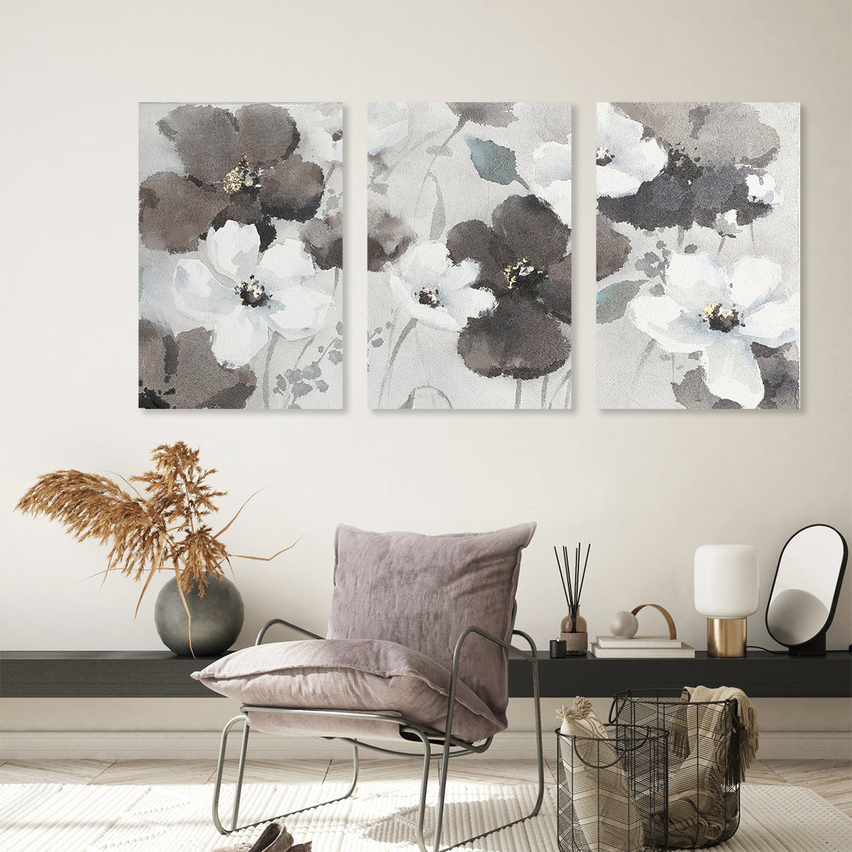 Elegant Floral Triptych Painting for Modern Home Décor