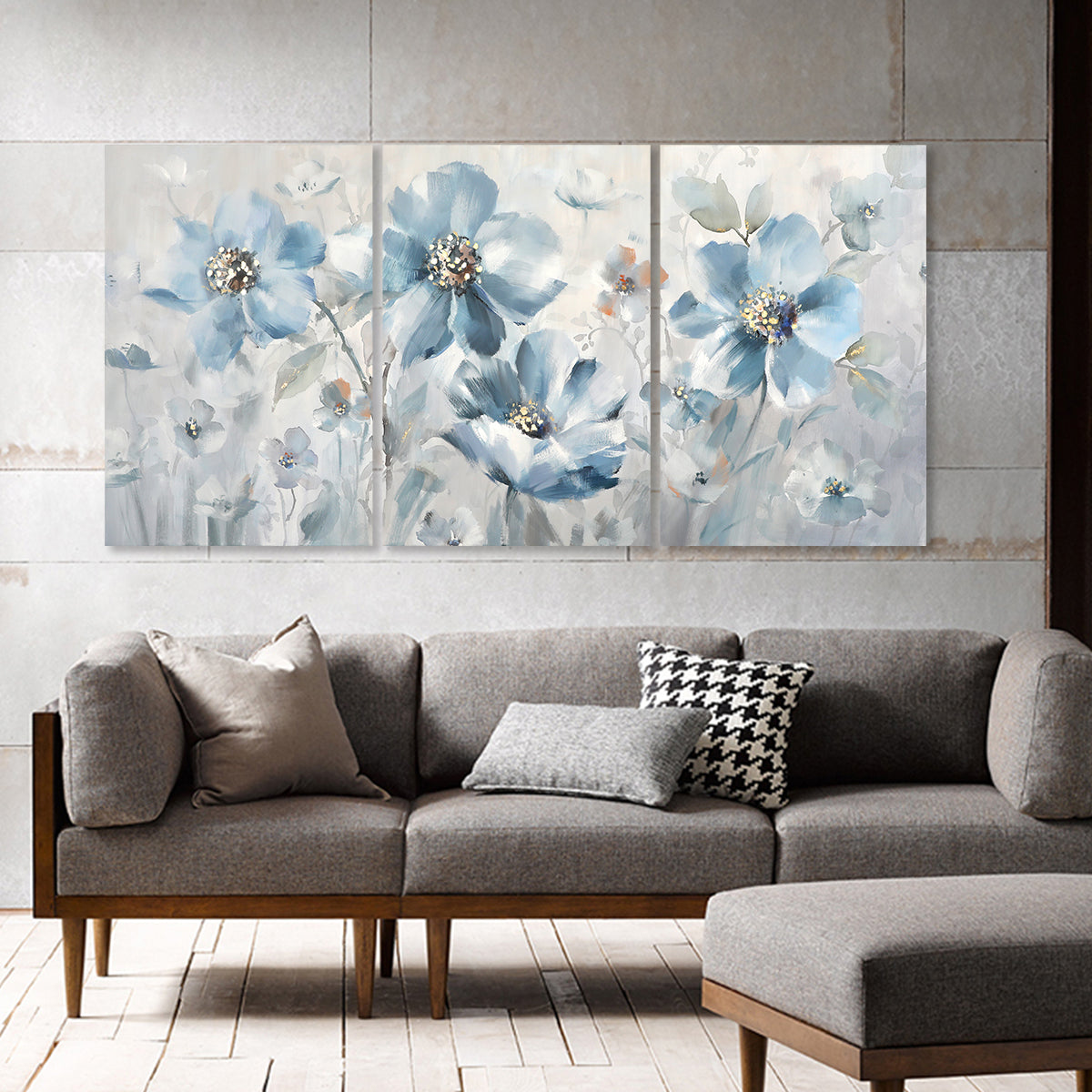 Serene Blue Floral Triptych Canvas Art for Tranquil Home Decor