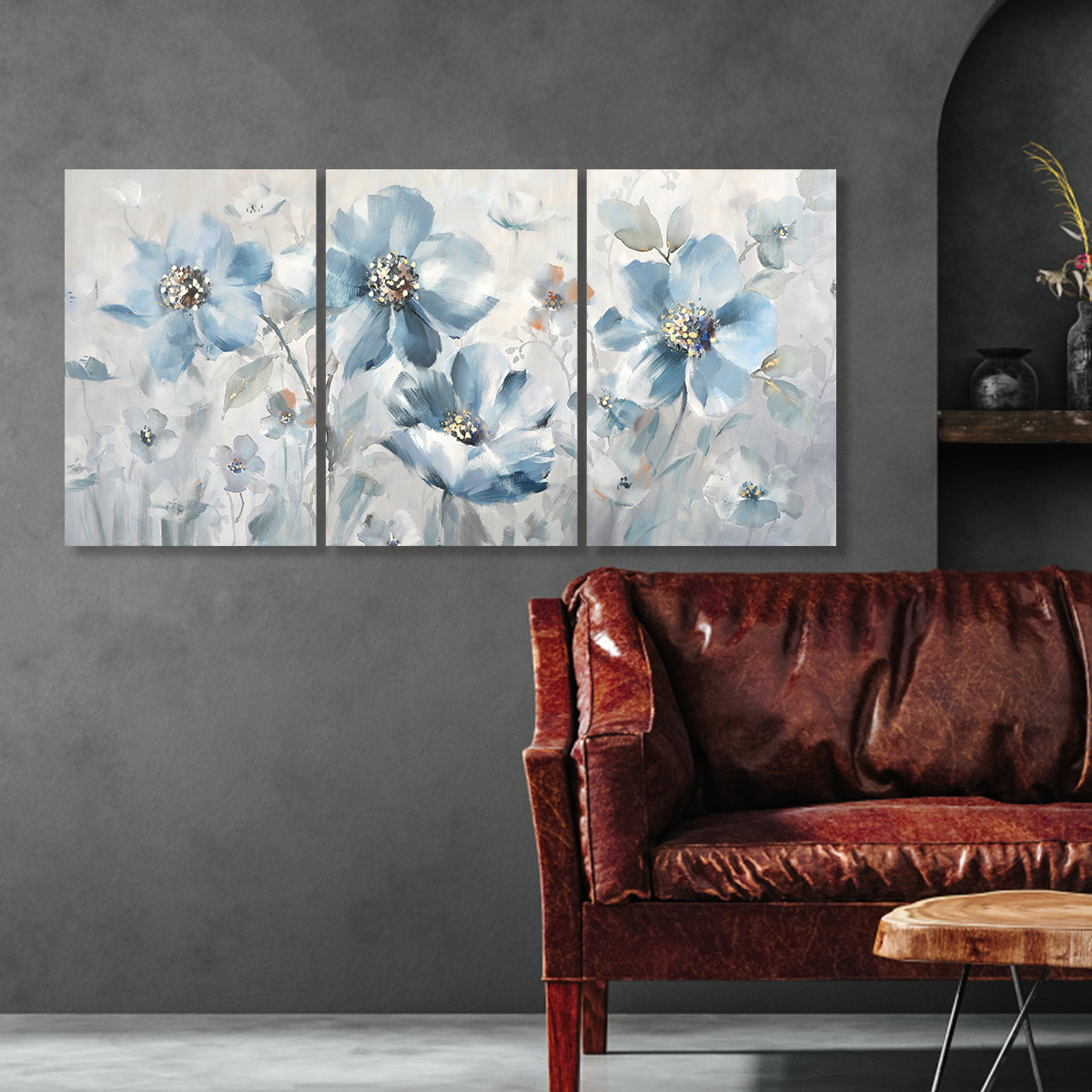 Serene Blue Floral Triptych Canvas Art for Tranquil Home Decor
