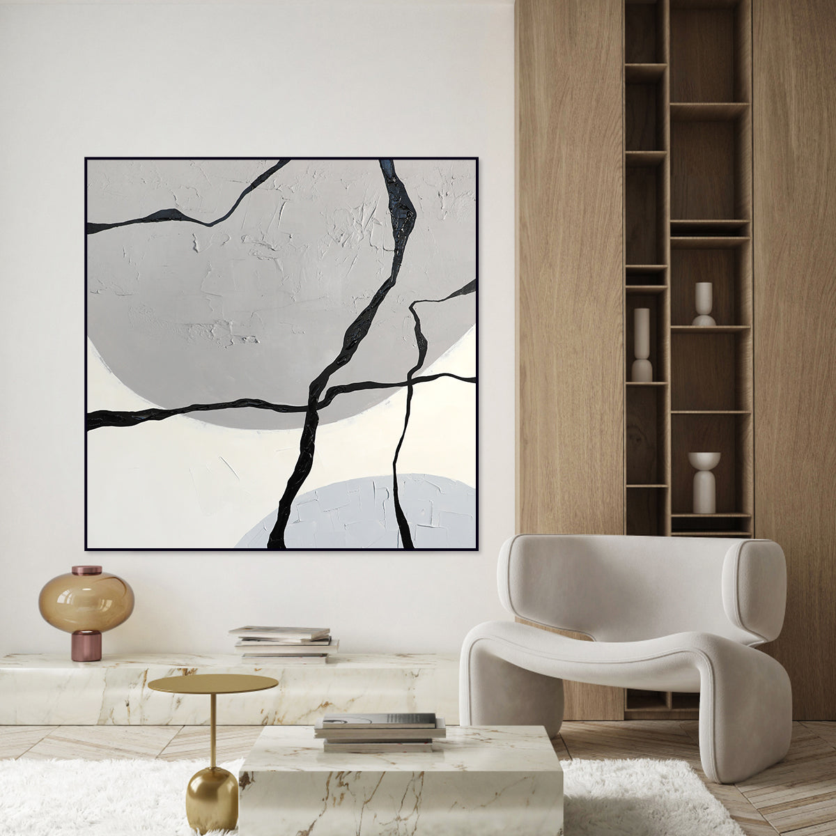 Abstract Geometric Oil Painting: Cracked Texture in Gray and Black Tones