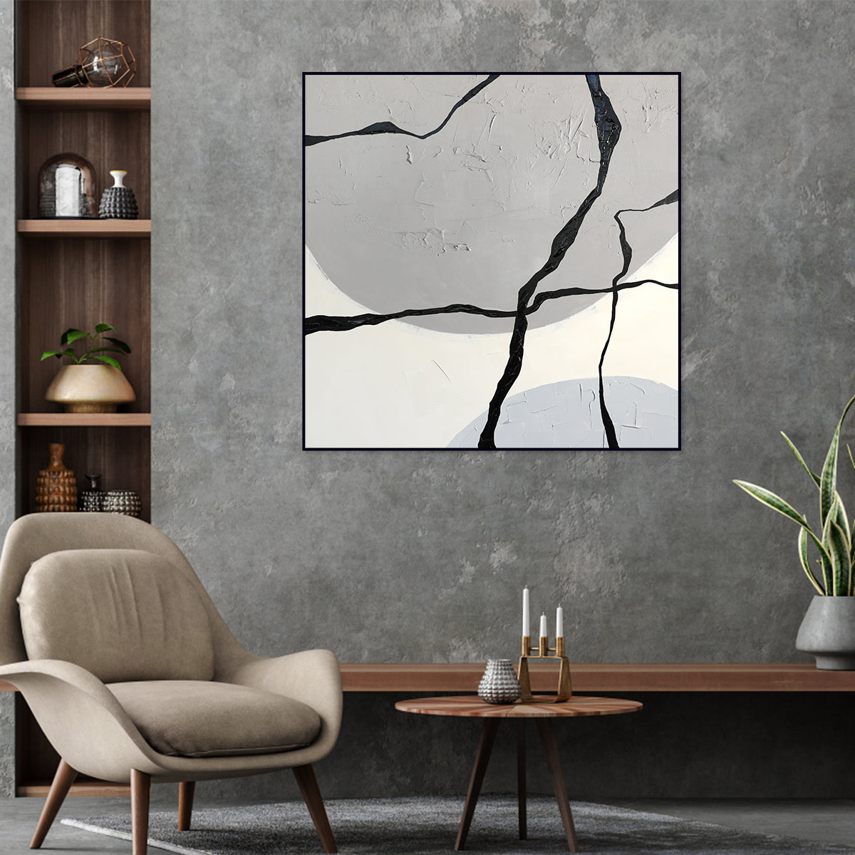 Abstract Geometric Oil Painting: Cracked Texture in Gray and Black Tones