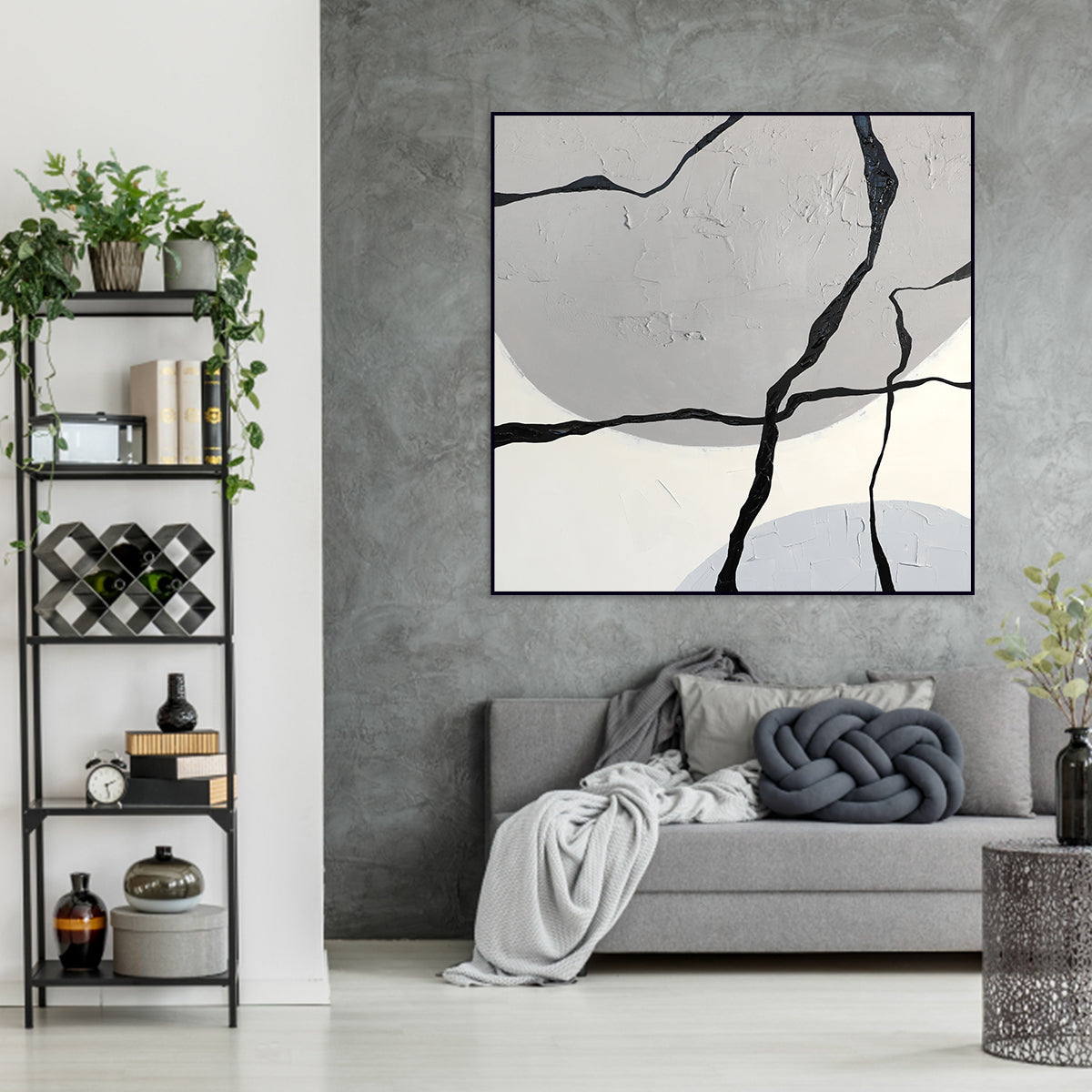Abstract Geometric Oil Painting: Cracked Texture in Gray and Black Tones