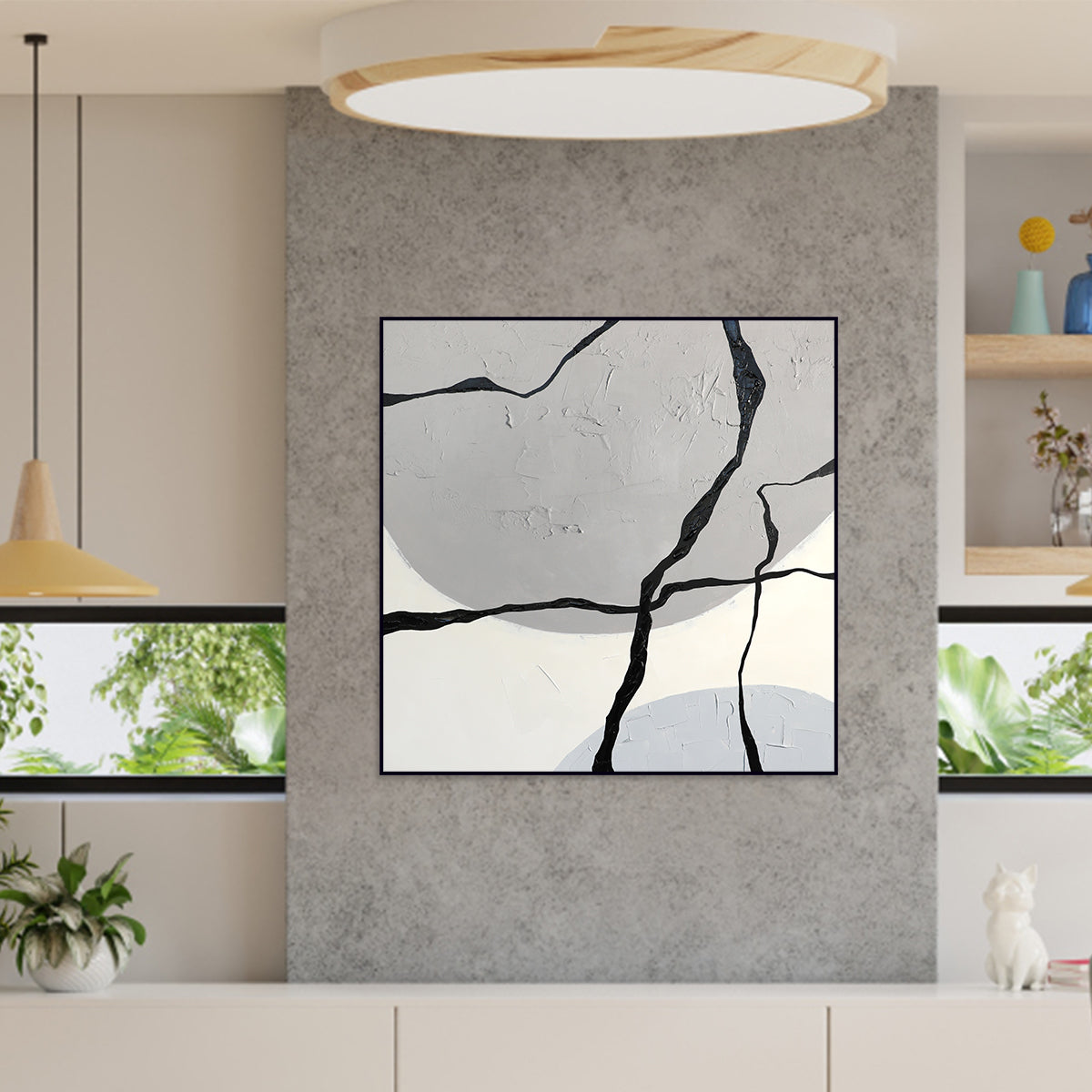 Abstract Geometric Oil Painting: Cracked Texture in Gray and Black Tones
