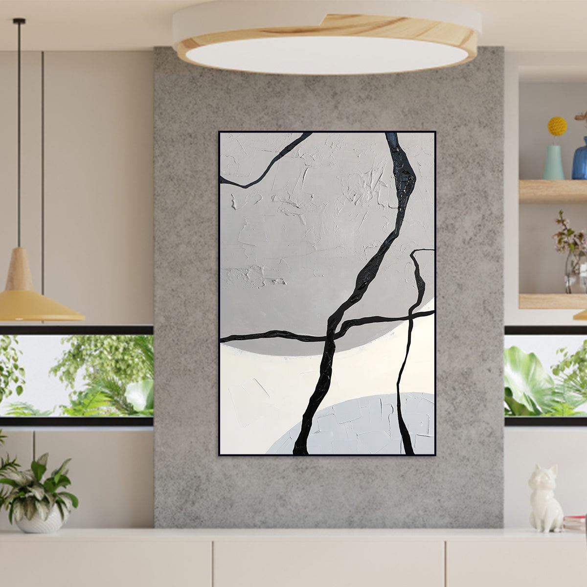 Modern Geometric Abstract Art Painting in Elegant Black and Gray Texture