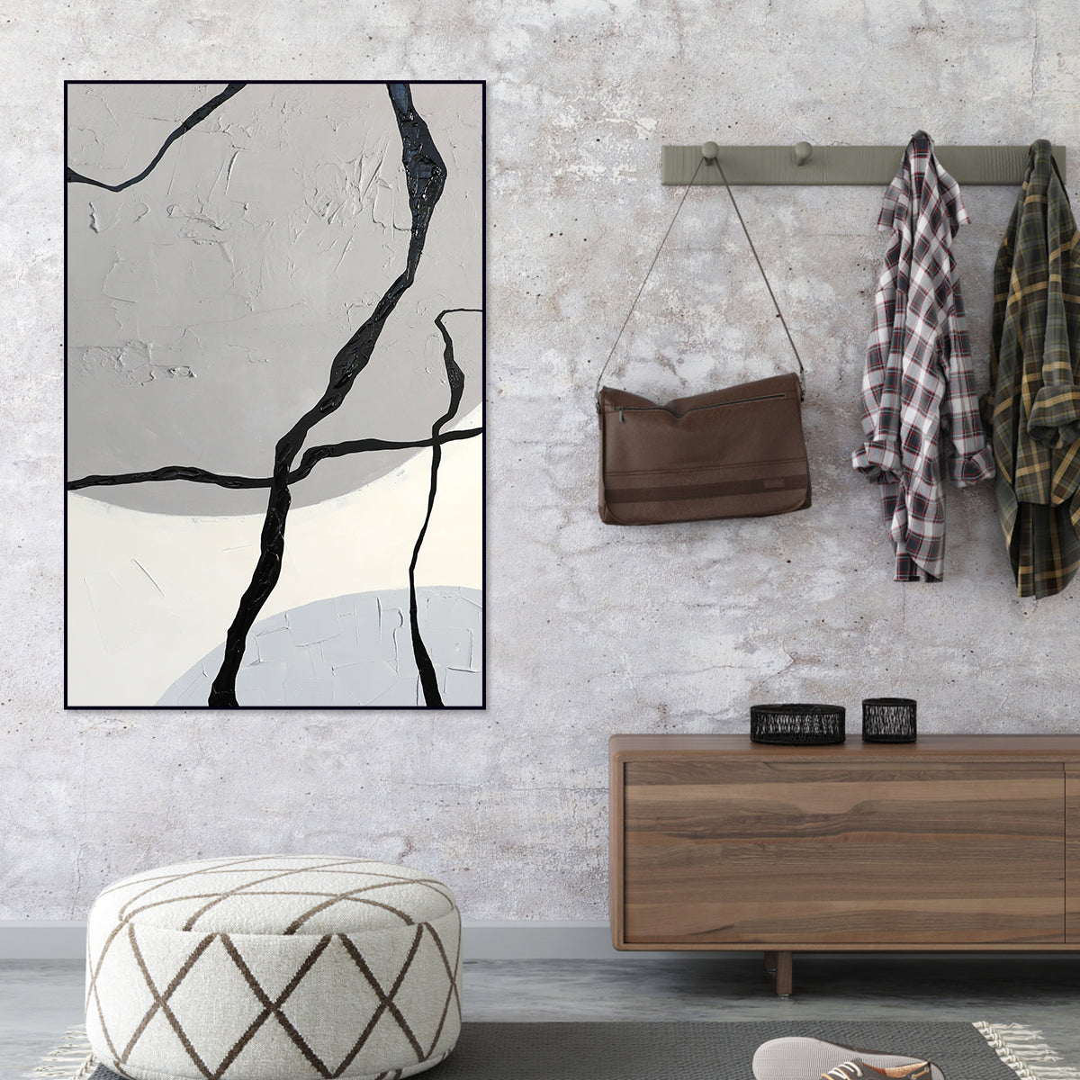 Modern Geometric Abstract Art Painting in Elegant Black and Gray Texture