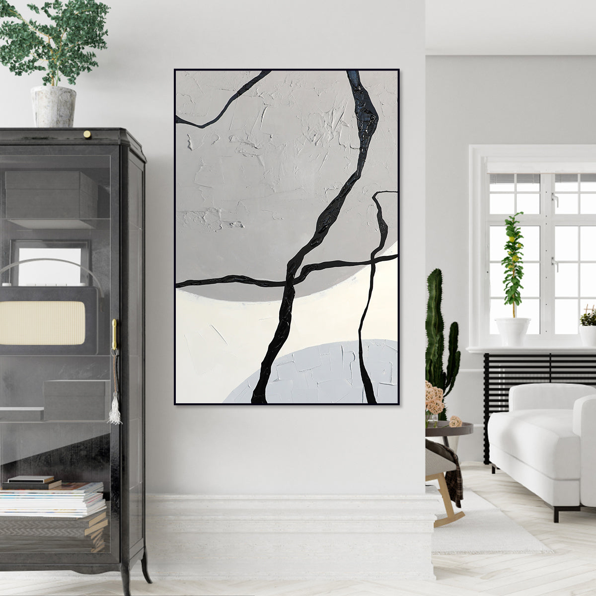 Modern Geometric Abstract Art Painting in Elegant Black and Gray Texture