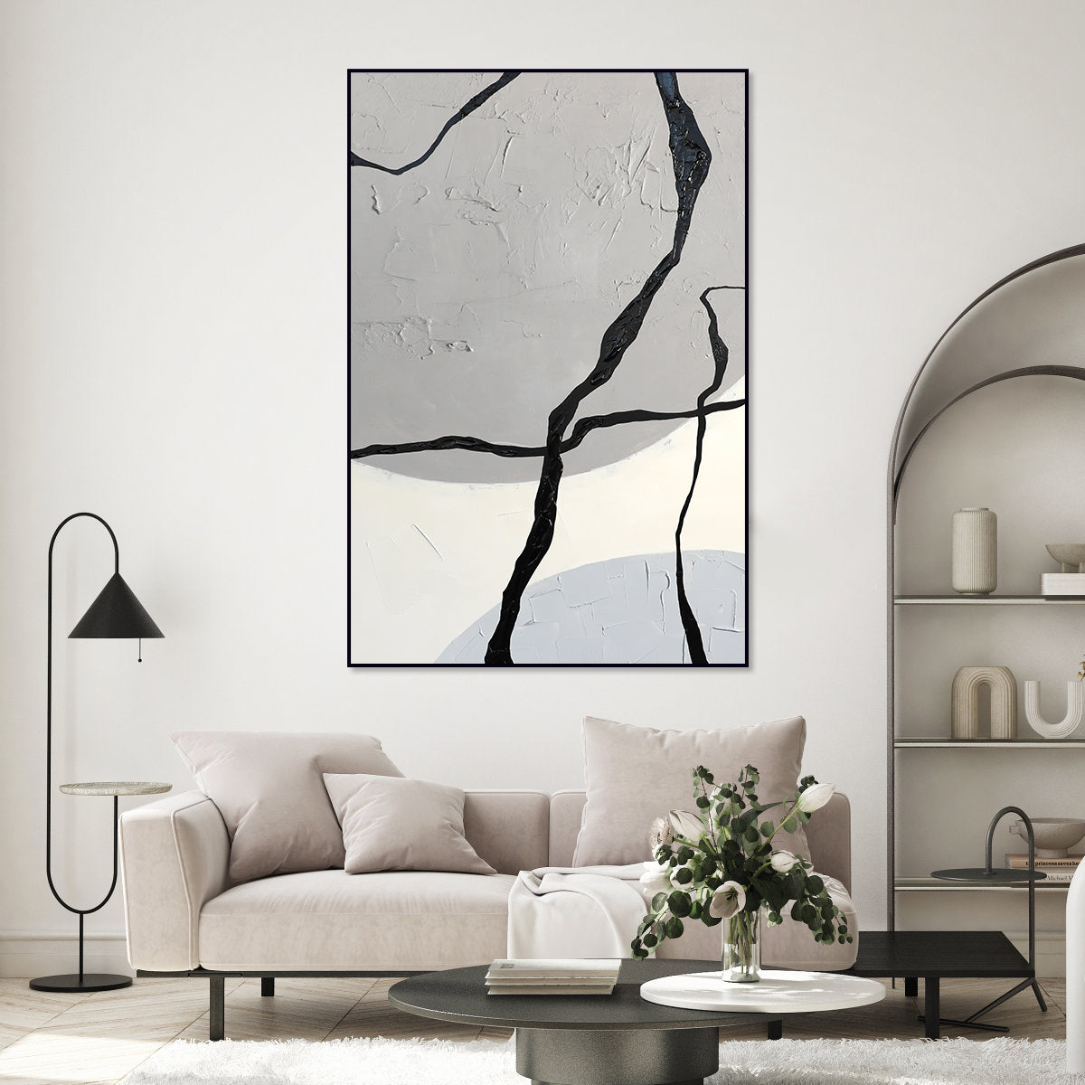 Modern Geometric Abstract Art Painting in Elegant Black and Gray Texture