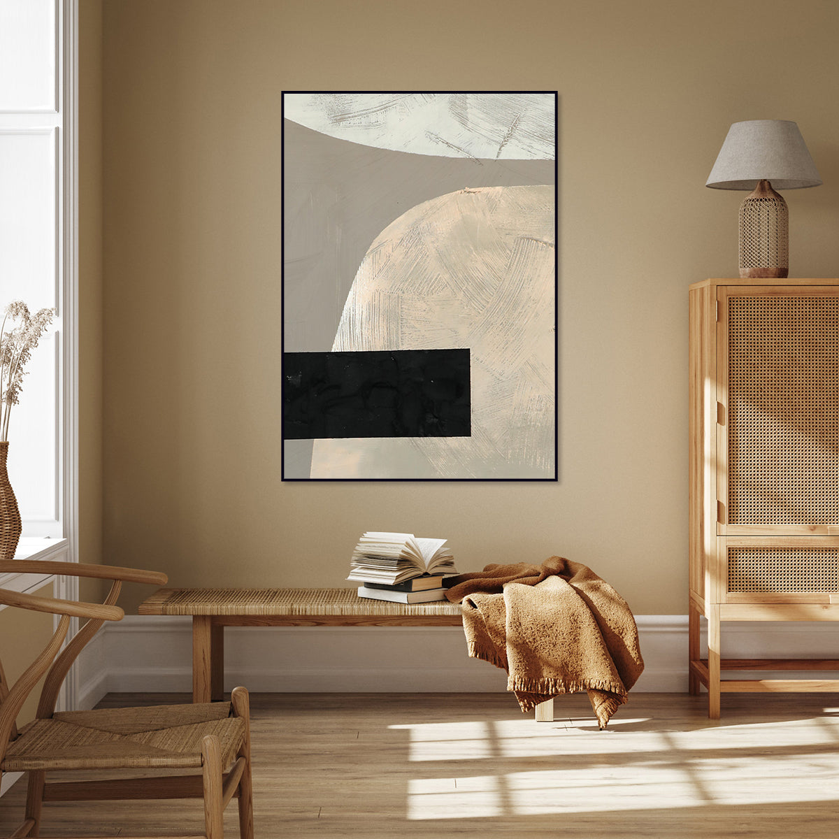 Contemporary Abstract Oil Painting with Geometric Texture and Soft Tones