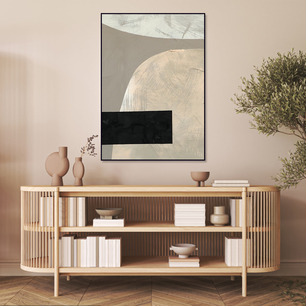 Contemporary Abstract Oil Painting with Geometric Texture and Soft Tones