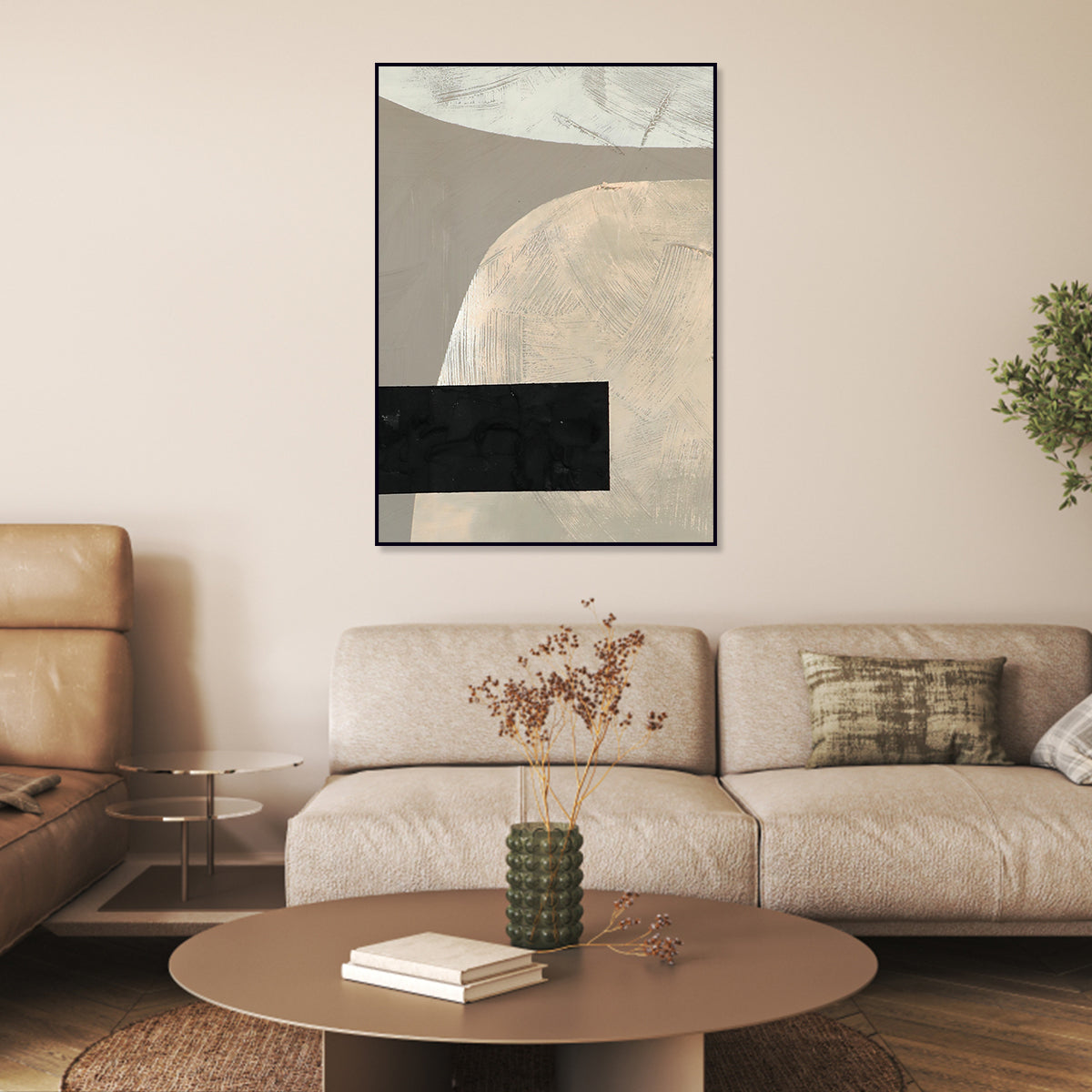 Contemporary Abstract Oil Painting with Geometric Texture and Soft Tones