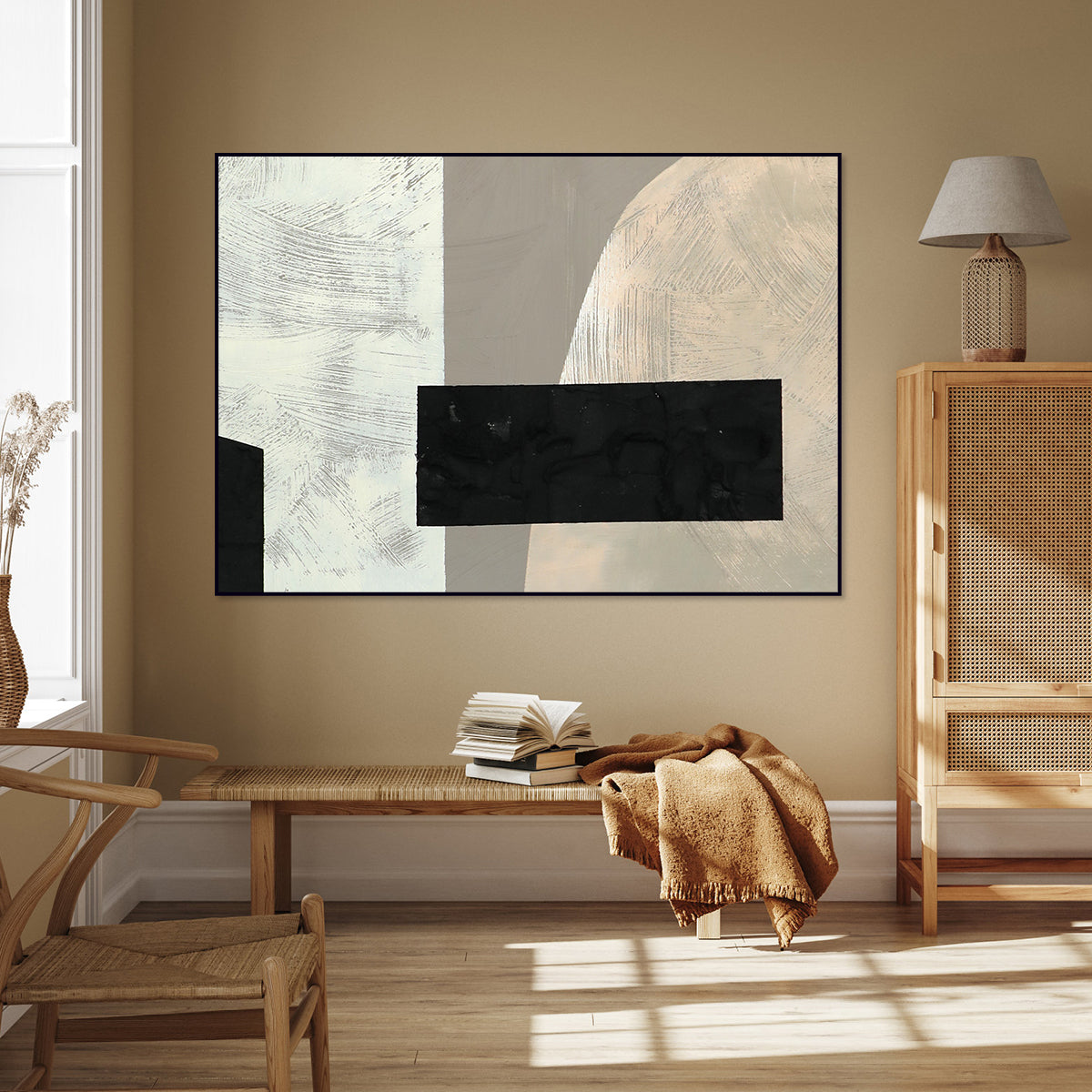 Geometric Abstract Oil Painting with Textured Modern Wall Art Decor