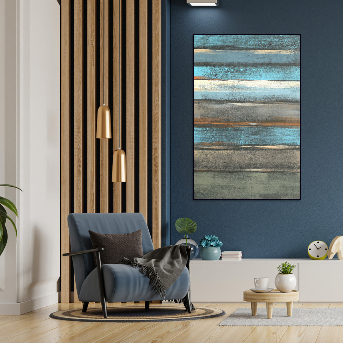 Coastal Blue Abstract Oil Painting for Modern Home Decor
