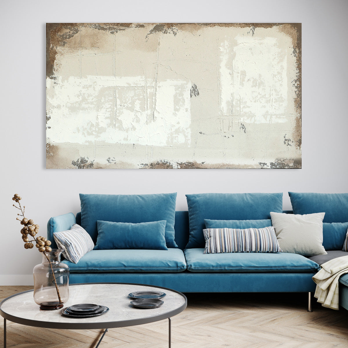 Beige and White Textured Abstract Oil Painting for Modern Home Decor