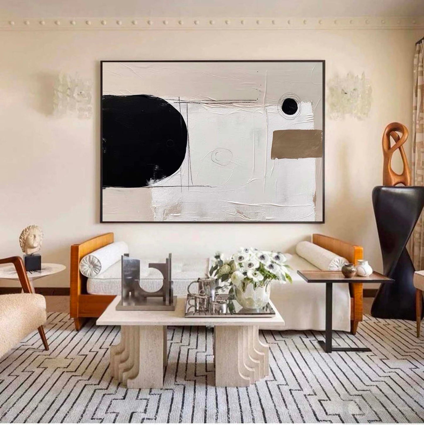 Elegant Minimalist Abstract Oil Painting in Black and White for Modern Decor
