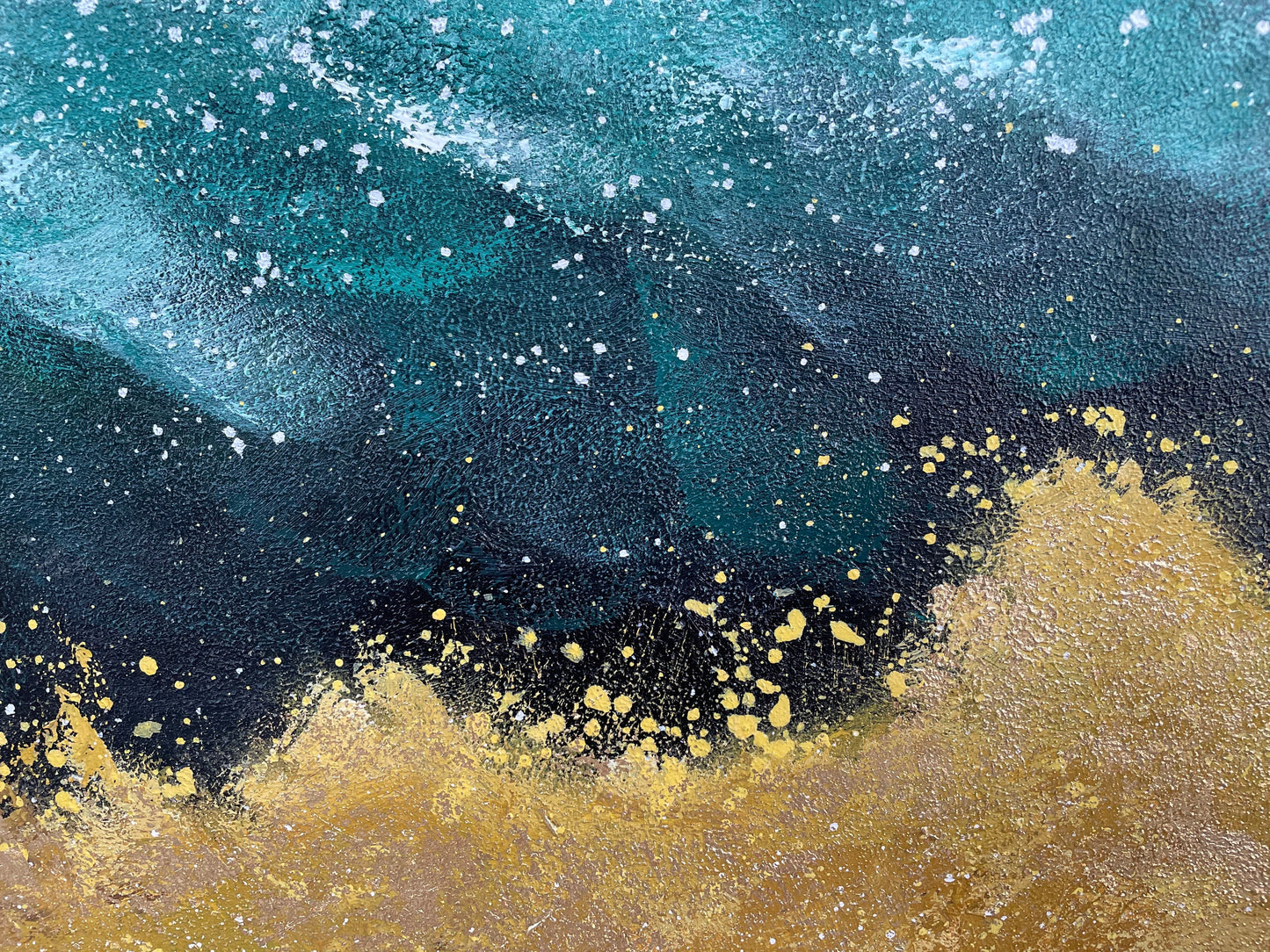 Elegant Abstract Oil Painting with Gold and Teal Waves