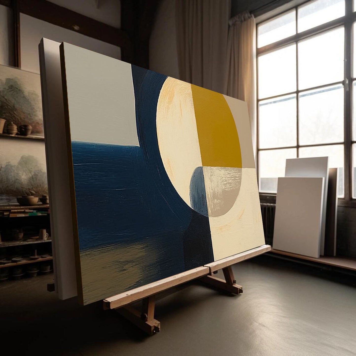 Modern Abstract Geometric Oil Painting in Bold Colors for Contemporary Decor