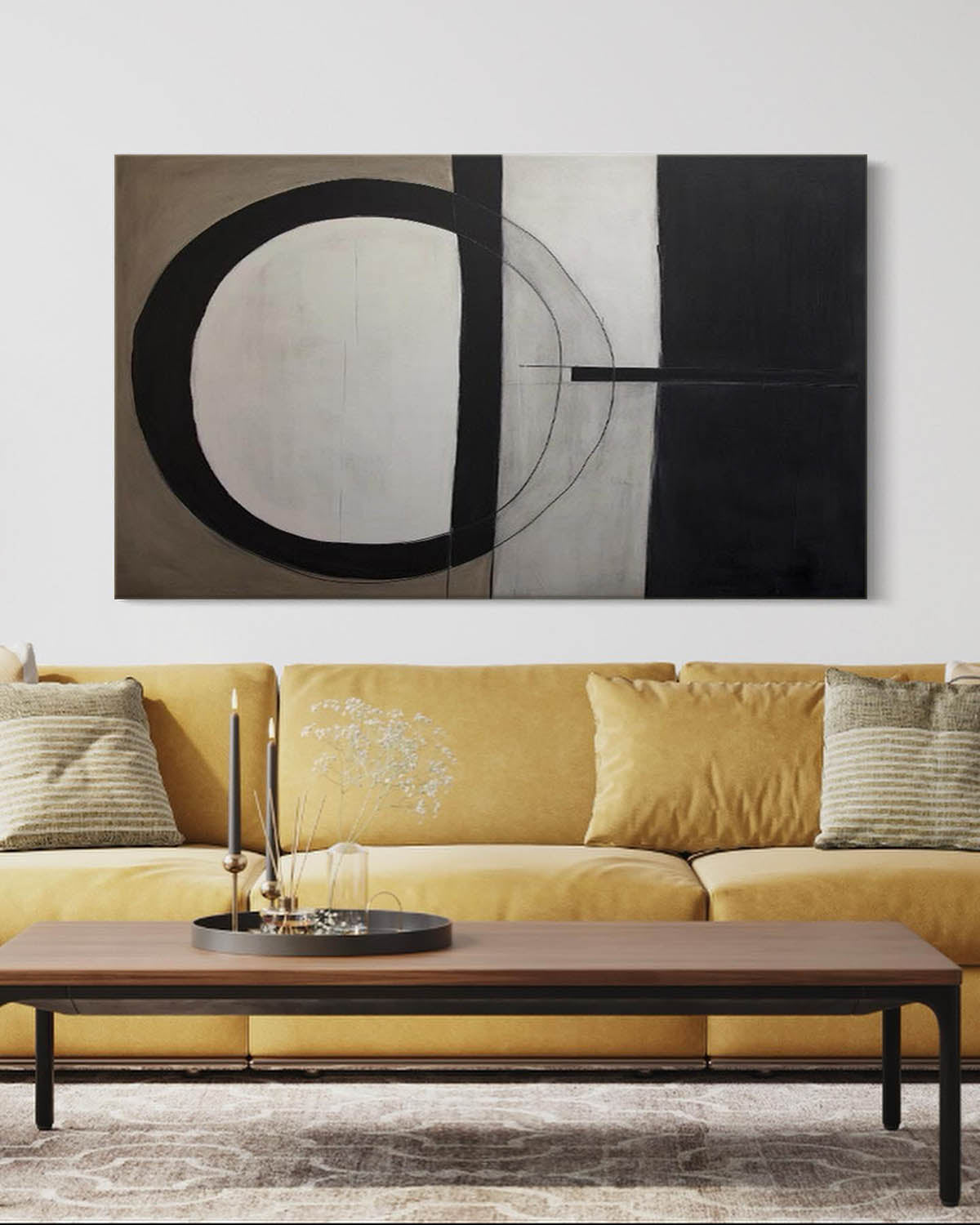 Modern Abstract Oil Painting with Geometric Shapes in Black and White