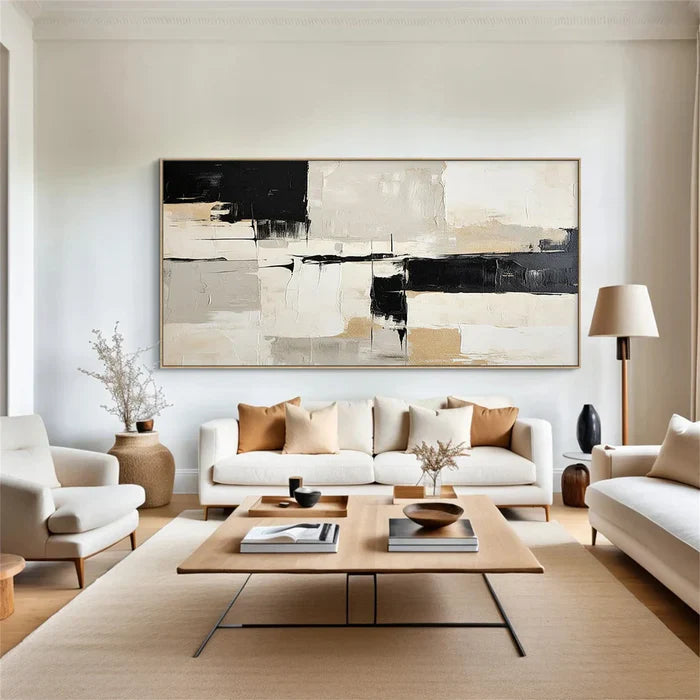 Modern Abstract Black and White Oil Painting for Minimalist Home Decor