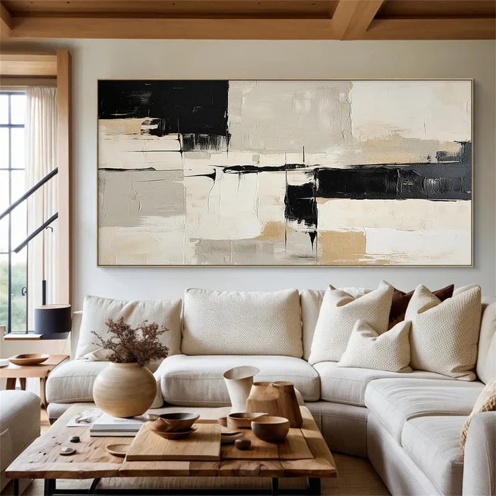 Modern Abstract Black and White Oil Painting for Minimalist Home Decor