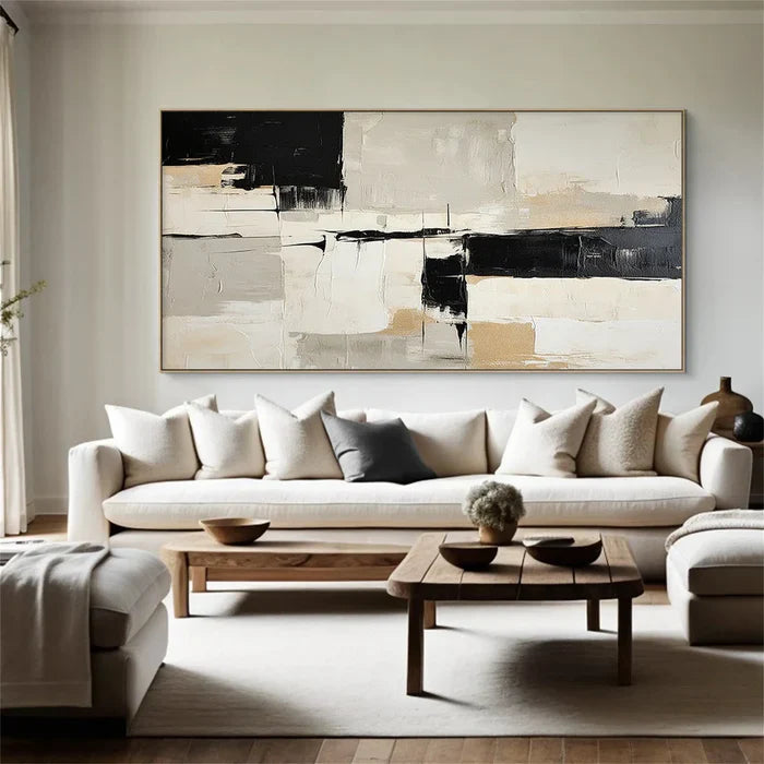 Modern Abstract Black and White Oil Painting for Minimalist Home Decor
